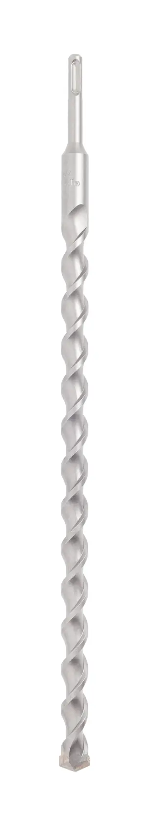 Una sola broca para martillo rotativo SDS larga y plateada, con un diseño de espiral, mostrada sobre un fondo blanco.
