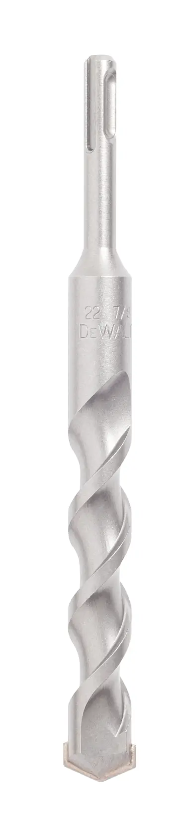 Broca metálica DEWALT con diseño en espiral y vástago SDS, utilizada para perforar mampostería o concreto.
