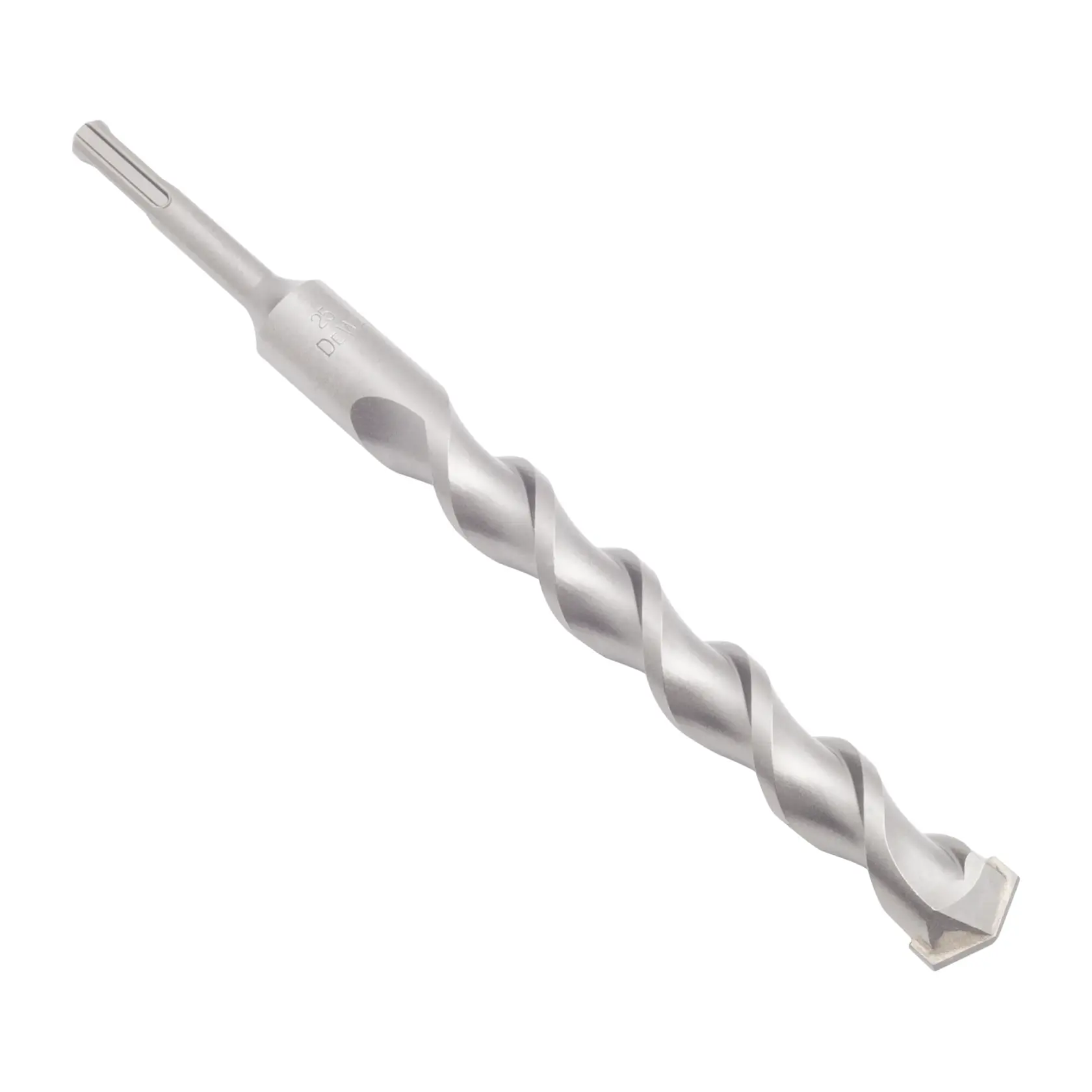 Broca SDS en espiral plateada para herramientas eléctricas sobre fondo blanco.