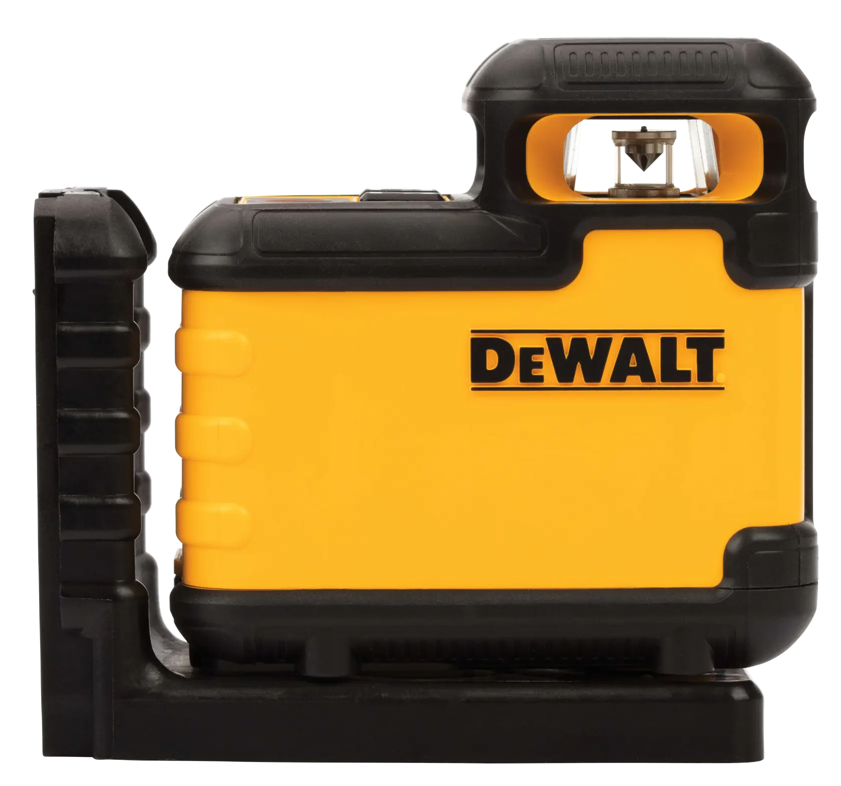 Vista lateral de una herramienta de nivel láser amarilla y negra de la marca DEWALT, mostrando su diseño resistente y carcasa protectora.