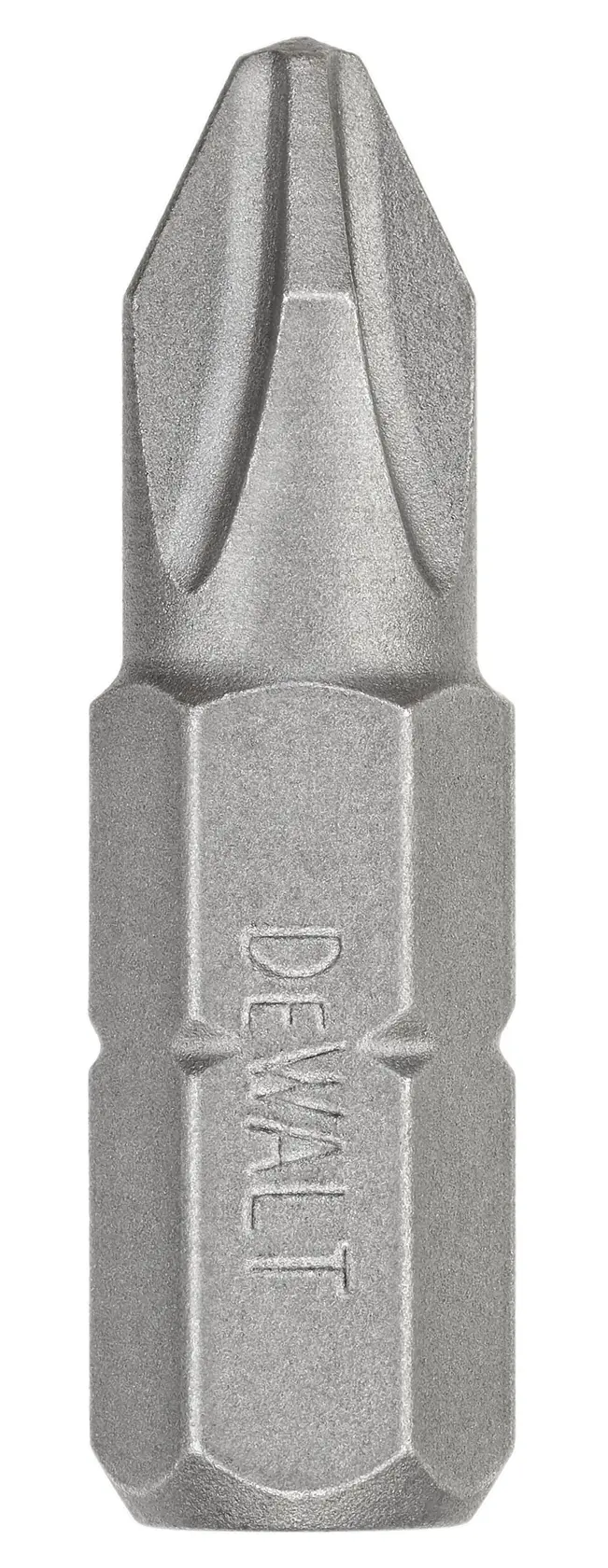 Imagen en primer plano de una punta de destornillador Phillips DEWALT con base hexagonal y acabado metálico.
