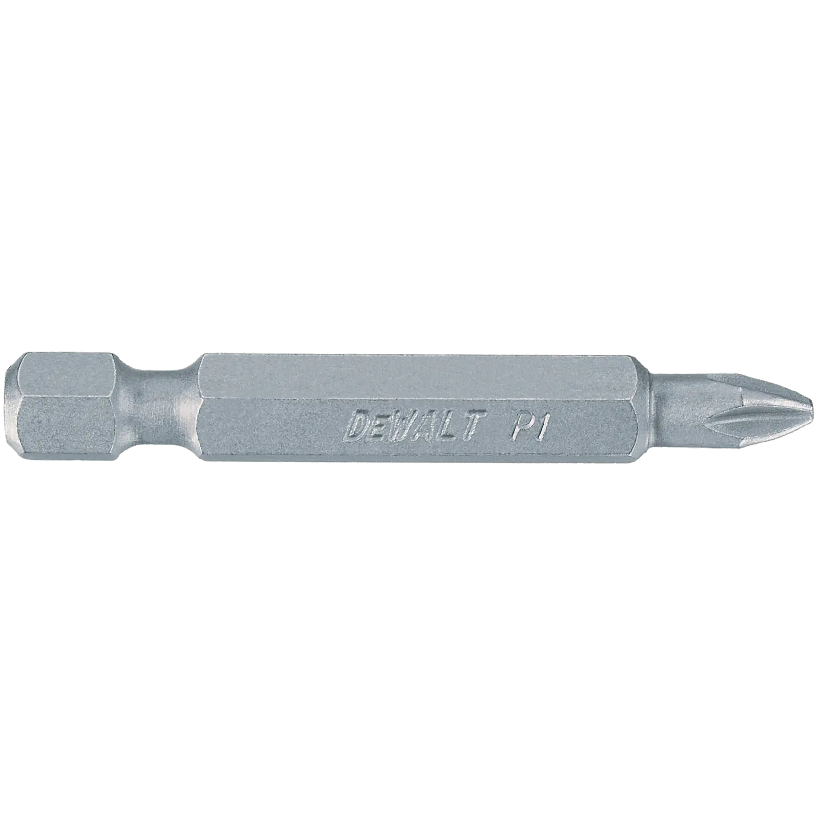 Una punta de destornillador Phillips de color plateado DEWALT con base hexagonal y la inscripción 'DEWALT P1' grabada en el cuerpo.