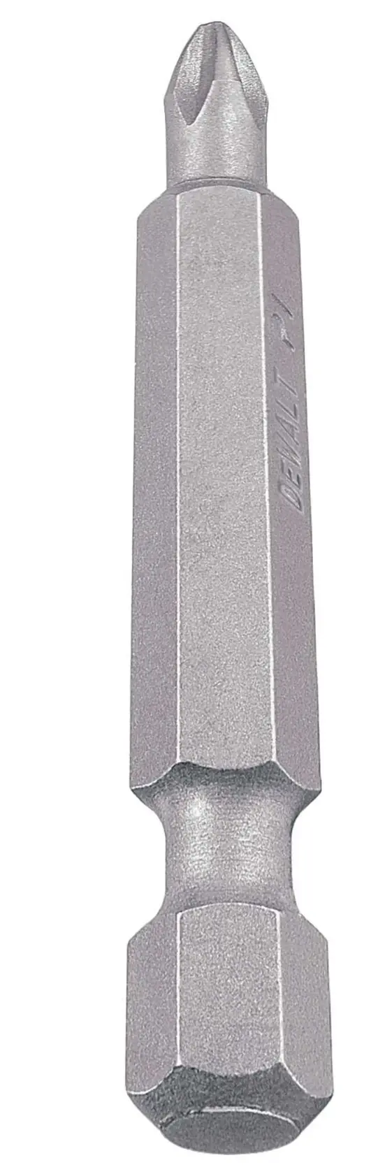Una sola punta de destornillador Phillips de color plateado con un eje hexagonal, aislada sobre un fondo blanco.