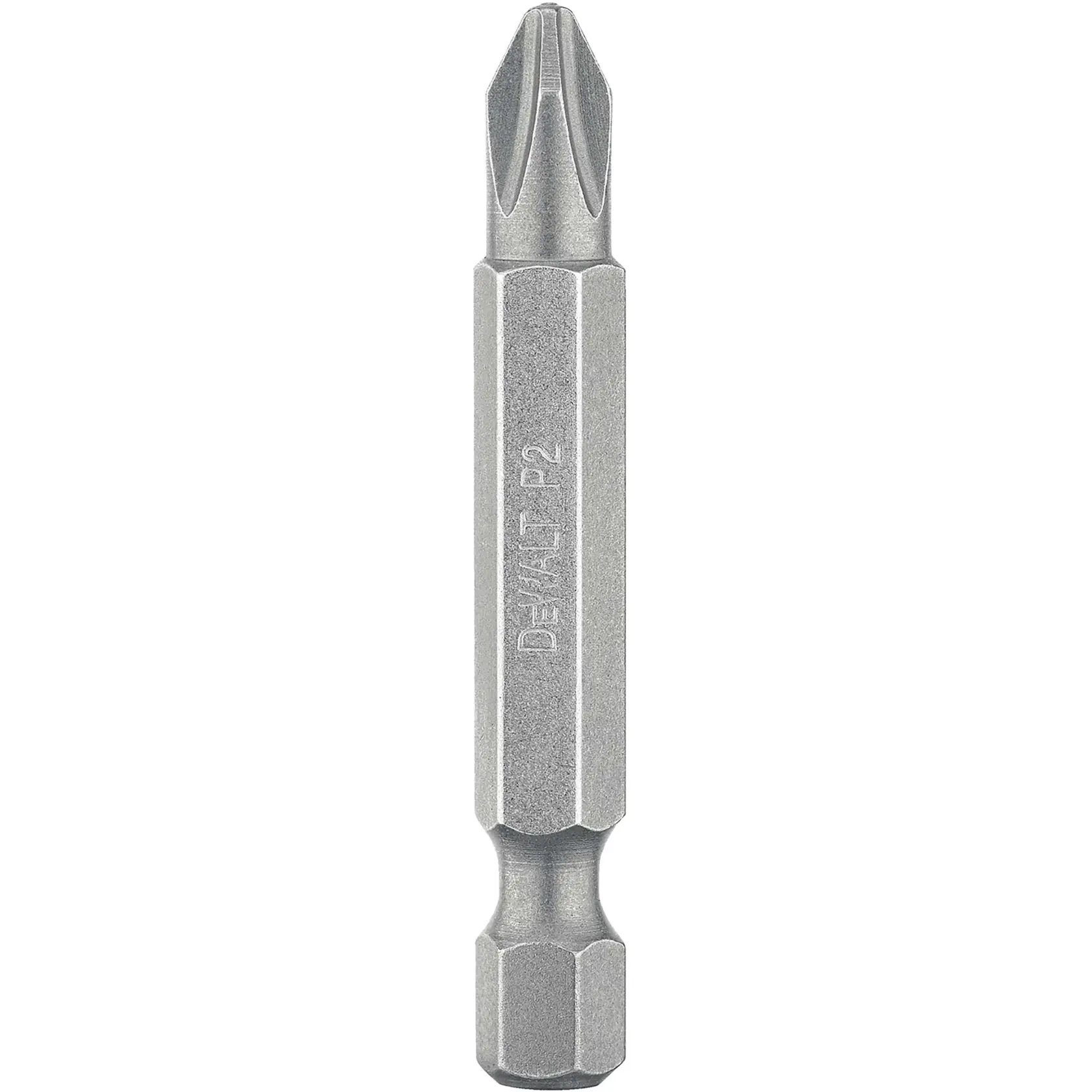 Una punta de destornillador Phillips DEWALT con vástago hexagonal, marcada 'DEWALT P2', usada como accesorio para herramientas eléctricas para atornillar.