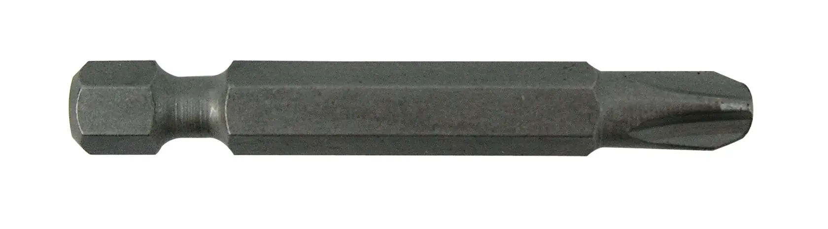 Imagen en primer plano de una punta de destornillador Phillips DEWALT. La punta es metálica, con una base hexagonal y una punta en cruz, diseñada para usarse con herramientas eléctricas.