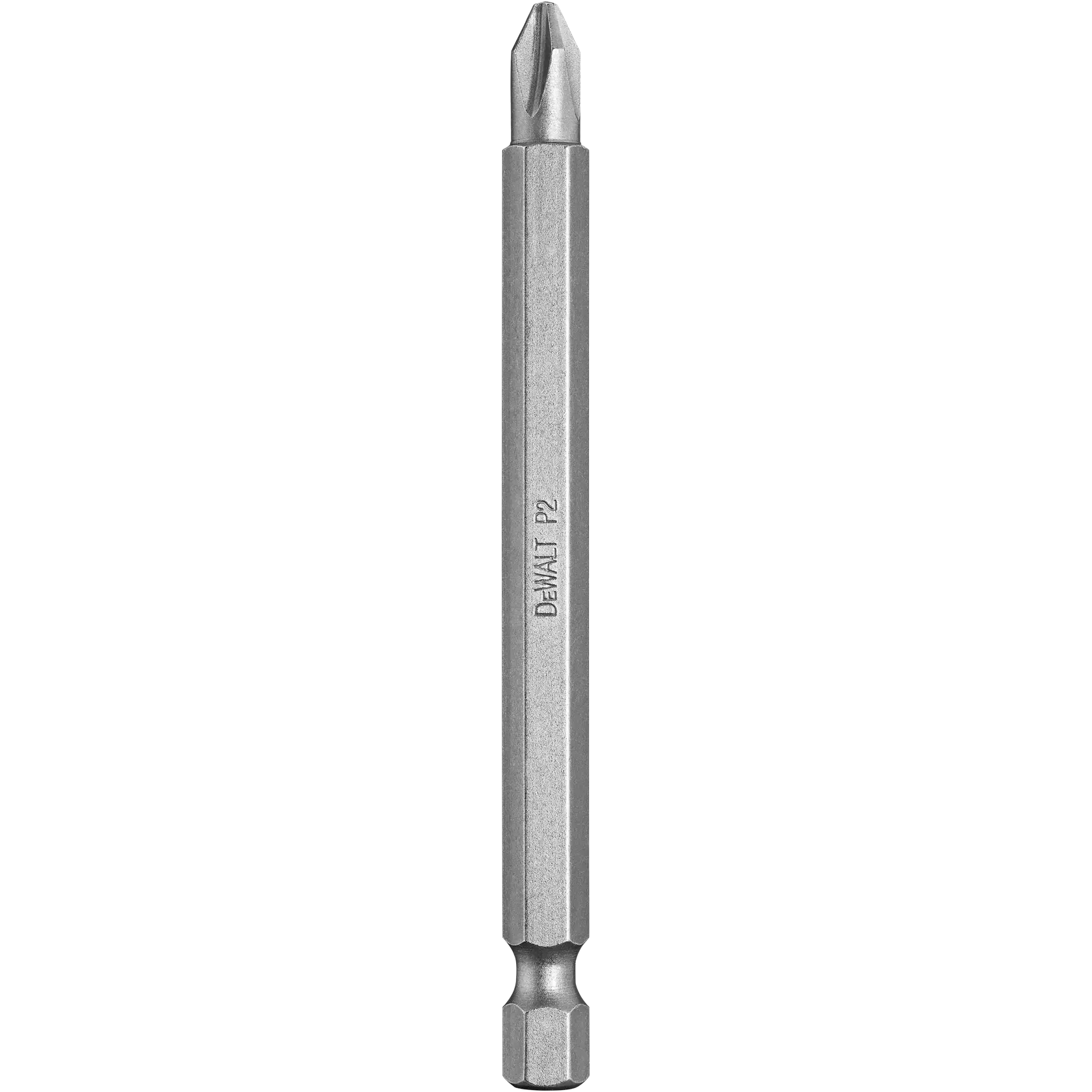 Una punta de destornillador Phillips de DEWALT con vástago hexagonal, etiquetada como P2, mostrada verticalmente sobre un fondo blanco.