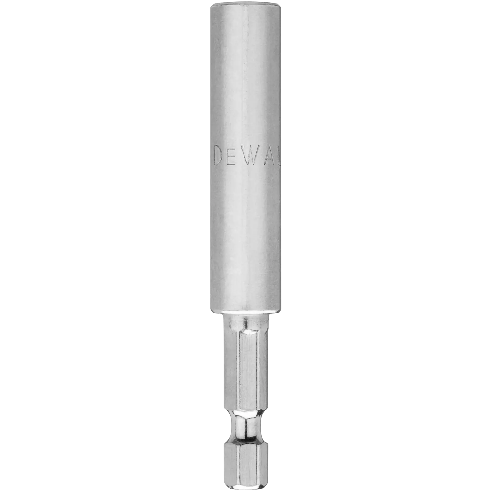 Un portapuntas magnético DEWALT para taladros y destornilladores eléctricos, con vástago hexagonal y acabado metálico.
