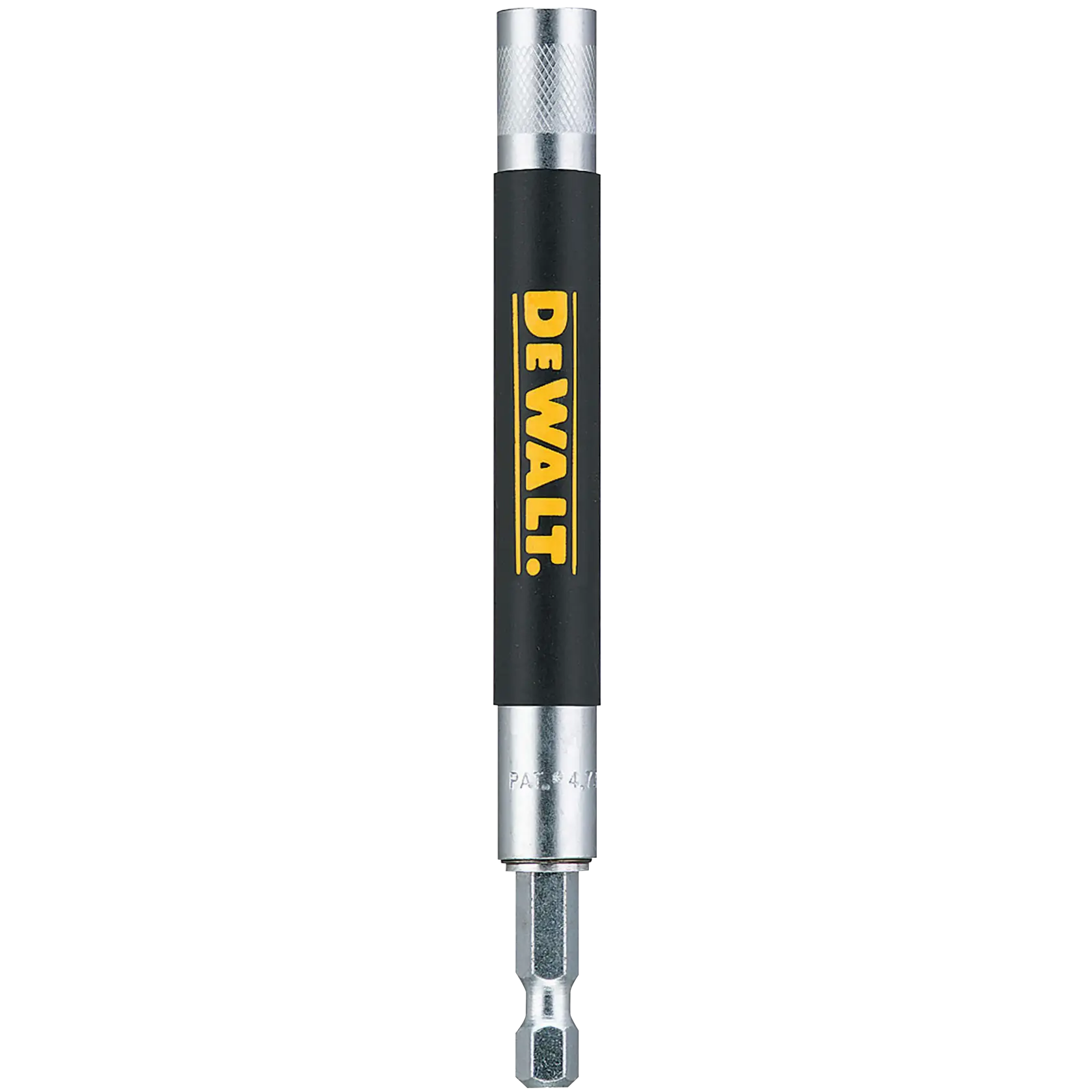 Un portapuntas magnético DEWALT con diseño cilíndrico negro y plateado, usado para sujetar puntas de destornillador durante tareas de perforación o atornillado.