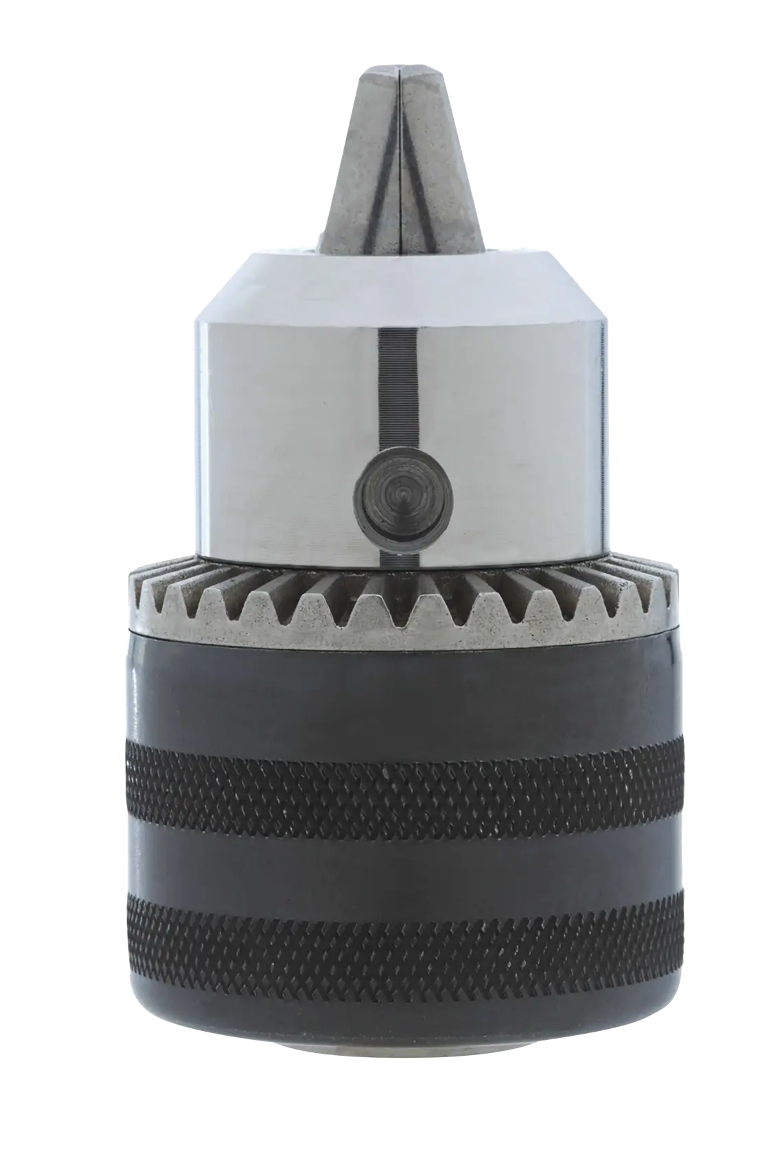 Imagen en primer plano de un mandril de taladro DEWALT DW21E de diseño sin llave, mostrando sus componentes metálicos y negros texturizados sobre un fondo blanco.