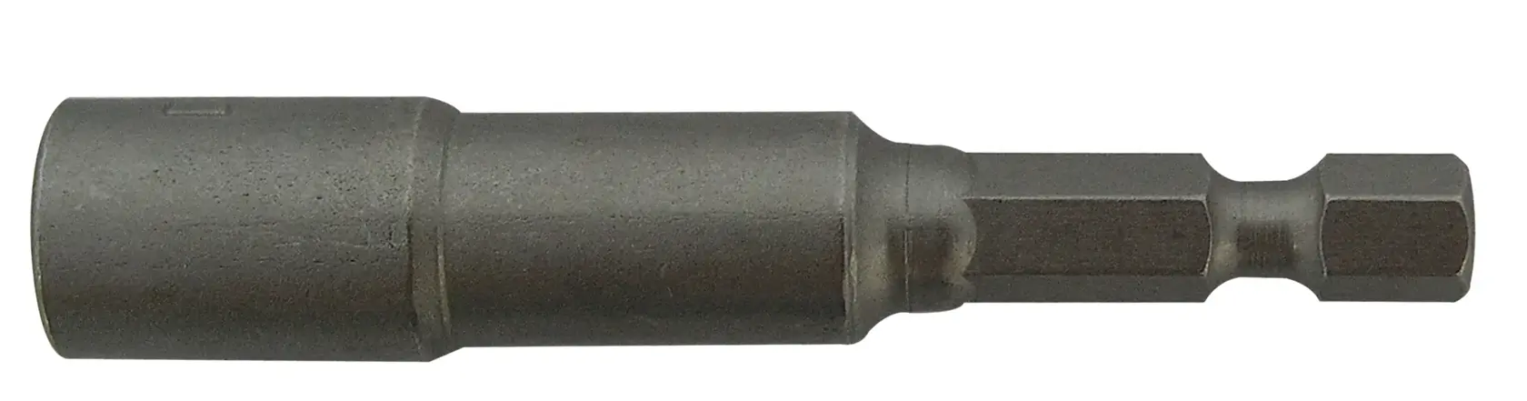 Tornillo magnético para taladros, hecho de metal, forma cilíndrica y extremo hexagonal.
