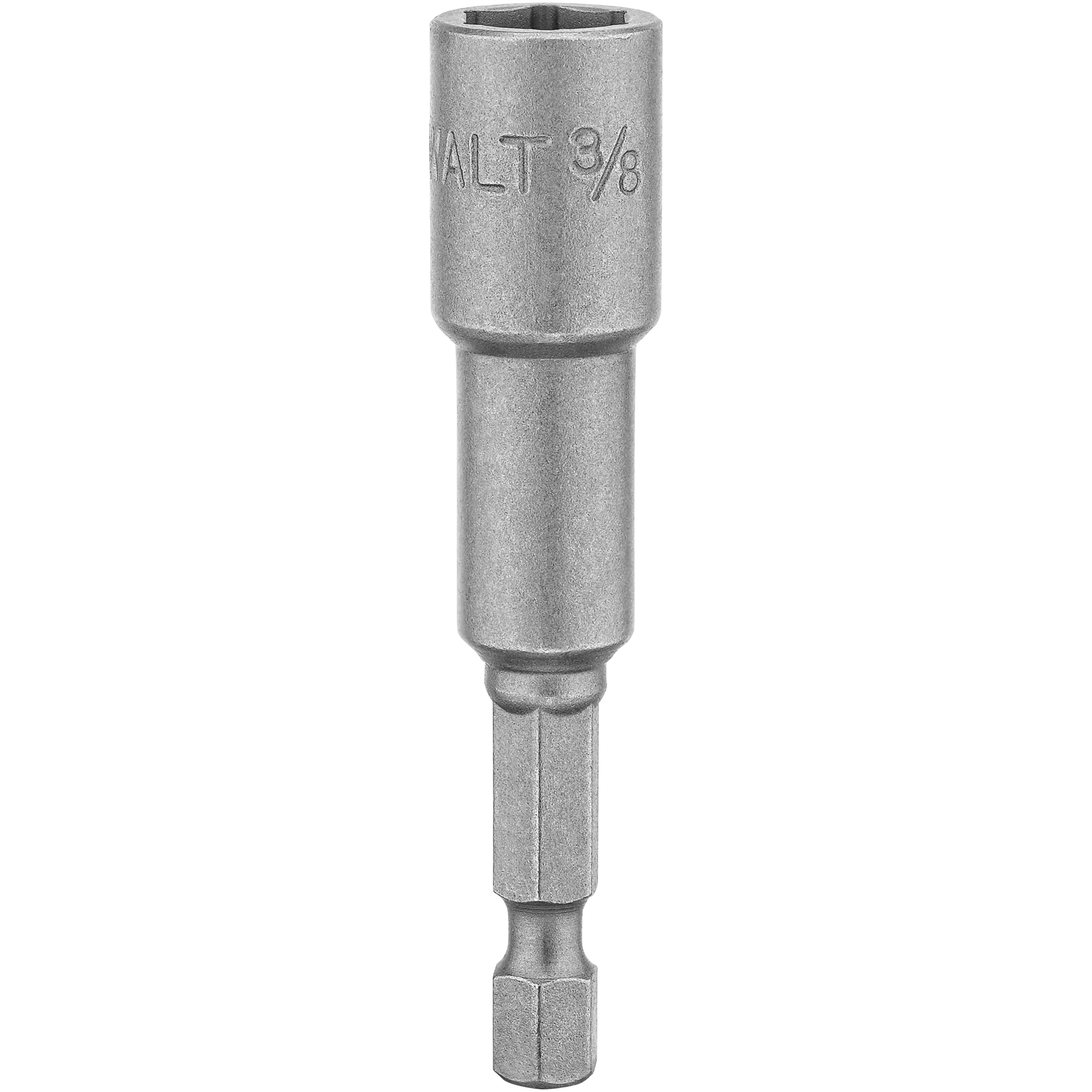 Una punta magnética para tuercas DEWALT de 3/8 pulgadas hecha de metal, diseñada para usar con taladros y destornilladores eléctricos.