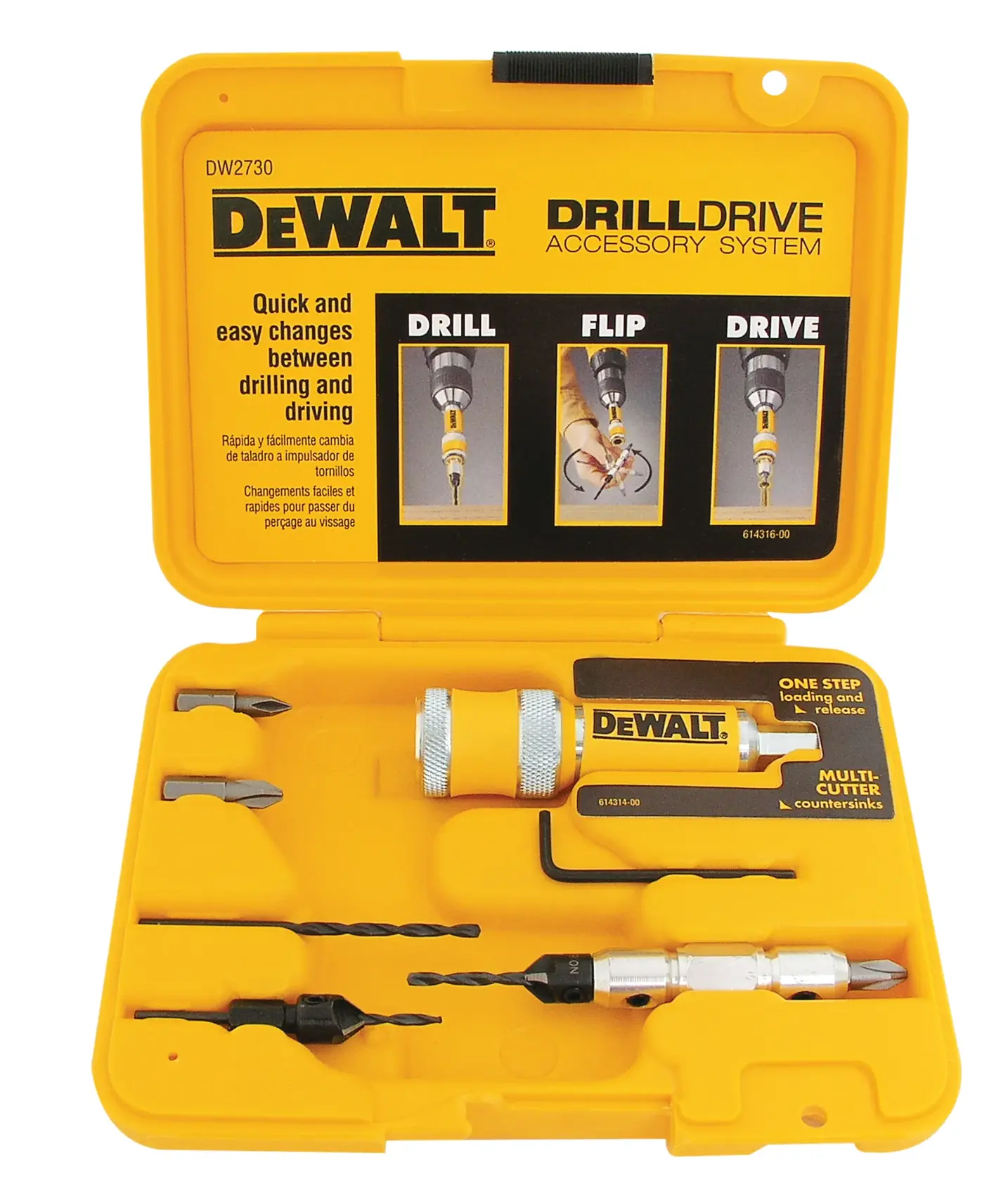 Un juego de sistema de accesorios DEWALT DrillDrive en un estuche de plástico amarillo. El estuche contiene un adaptador DrillDrive, dos brocas, varias puntas de destornillador y una broca avellanadora, todo organizado en ranuras a medida. La tapa interior tiene instrucciones e ilustraciones para taladrar, girar y atornillar.