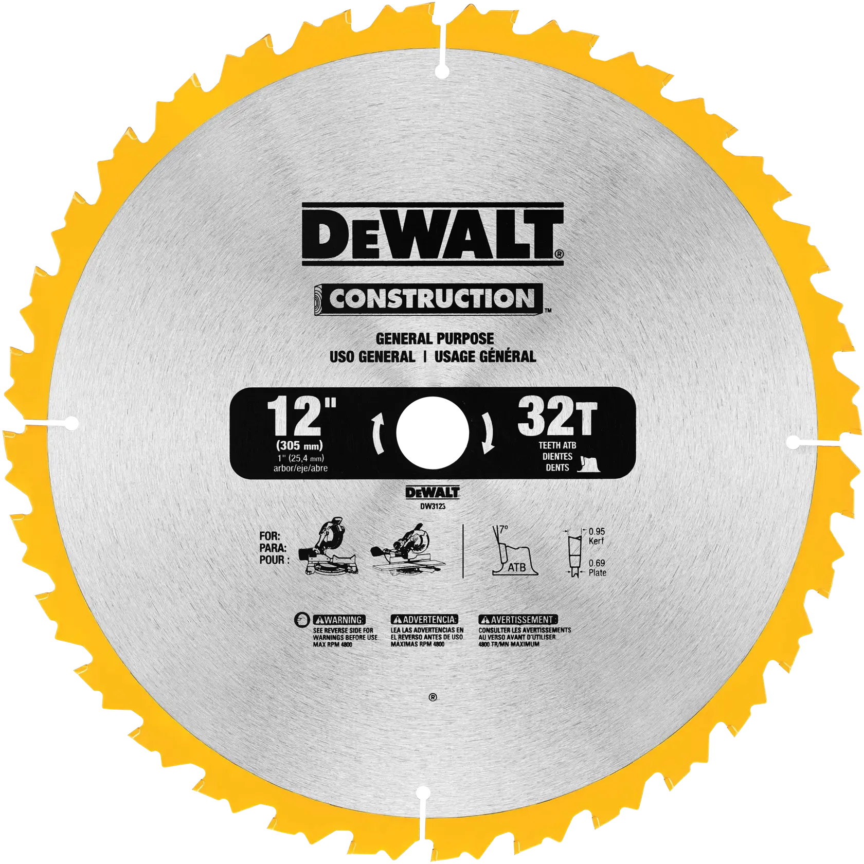 Disco de sierra DEWALT de 12 pulgadas y 32 dientes para usos generales en construcción, mostrado con cuerpo plateado y borde amarillo. Incluye especificaciones del producto y advertencias de seguridad impresas en la superficie.
