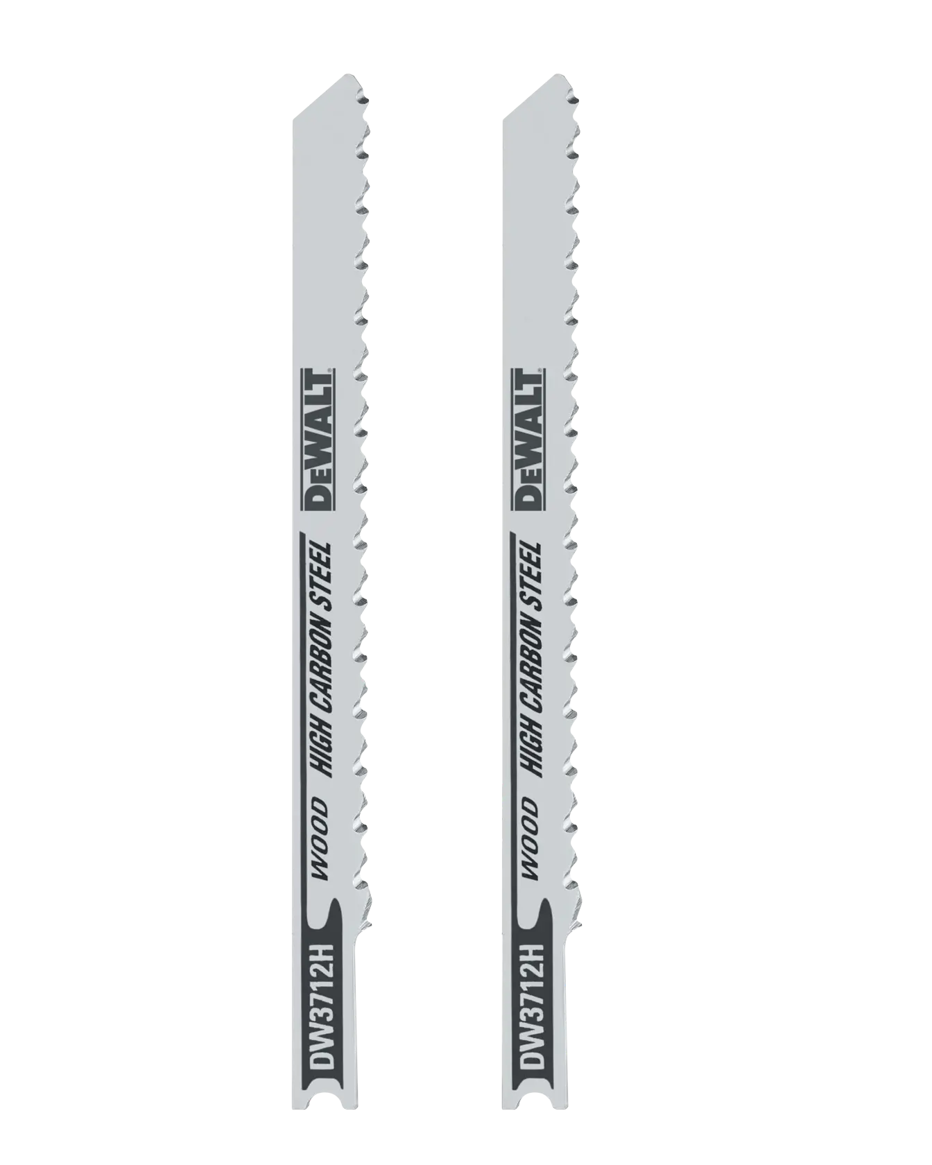 Dos hojas de sierra de calar DEWALT de acero de alto carbono para madera, modelo DW3712H, mostradas una al lado de la otra sobre un fondo blanco.