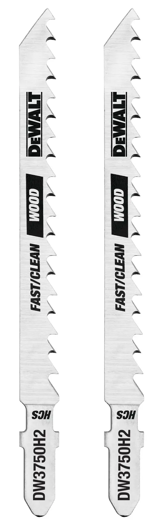 Dos hojas de sierra de calar DEWALT DW3750H2 para cortar madera, etiquetadas como 'FASTCLEAN' y 'WOOD', mostradas con acabado plateado y dientes distintivos.