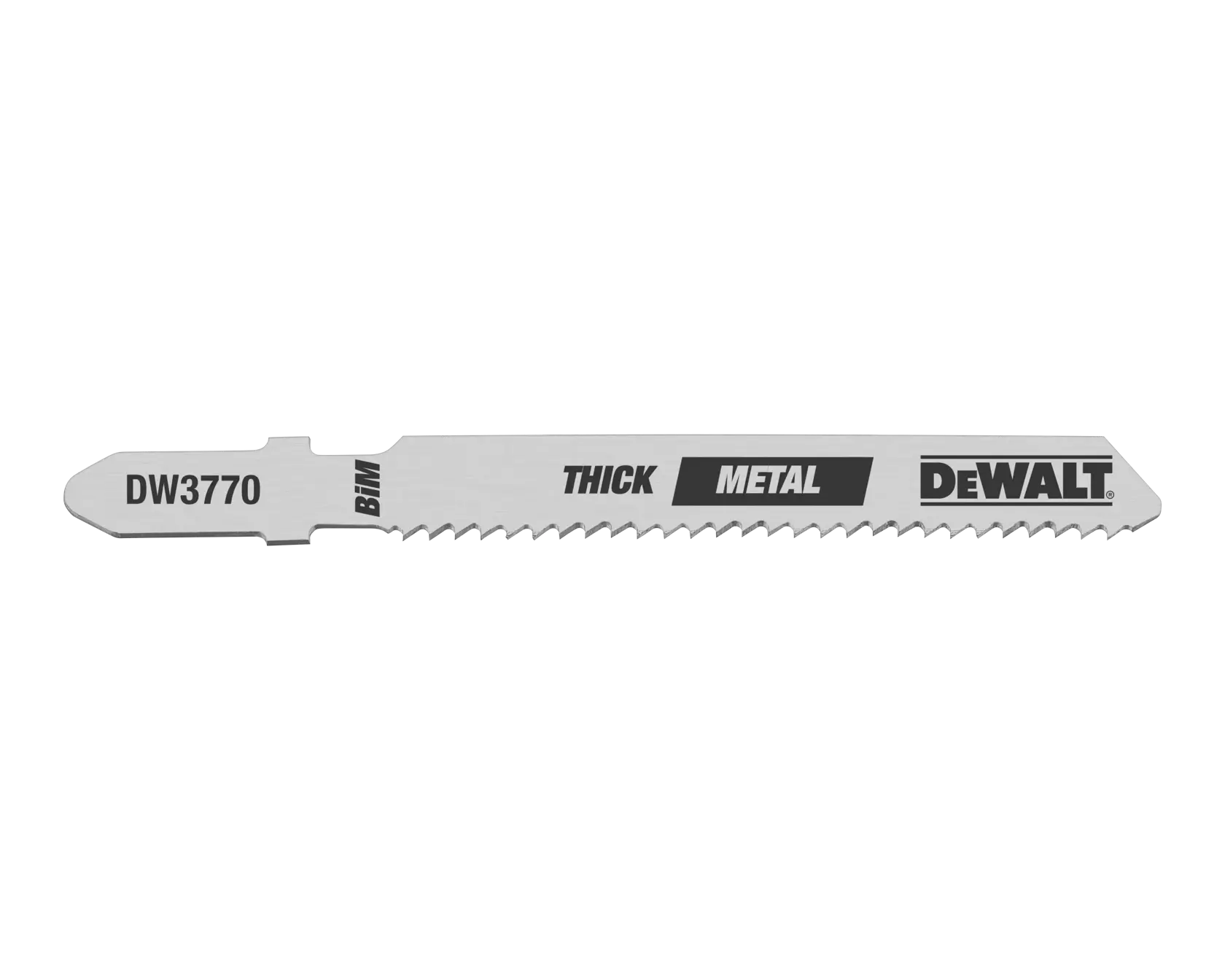 Hoja de caladora DEWALT DW3770 diseñada para cortar metales gruesos, con dientes afilados y marcada con el número de modelo, BIM y el logotipo DEWALT.