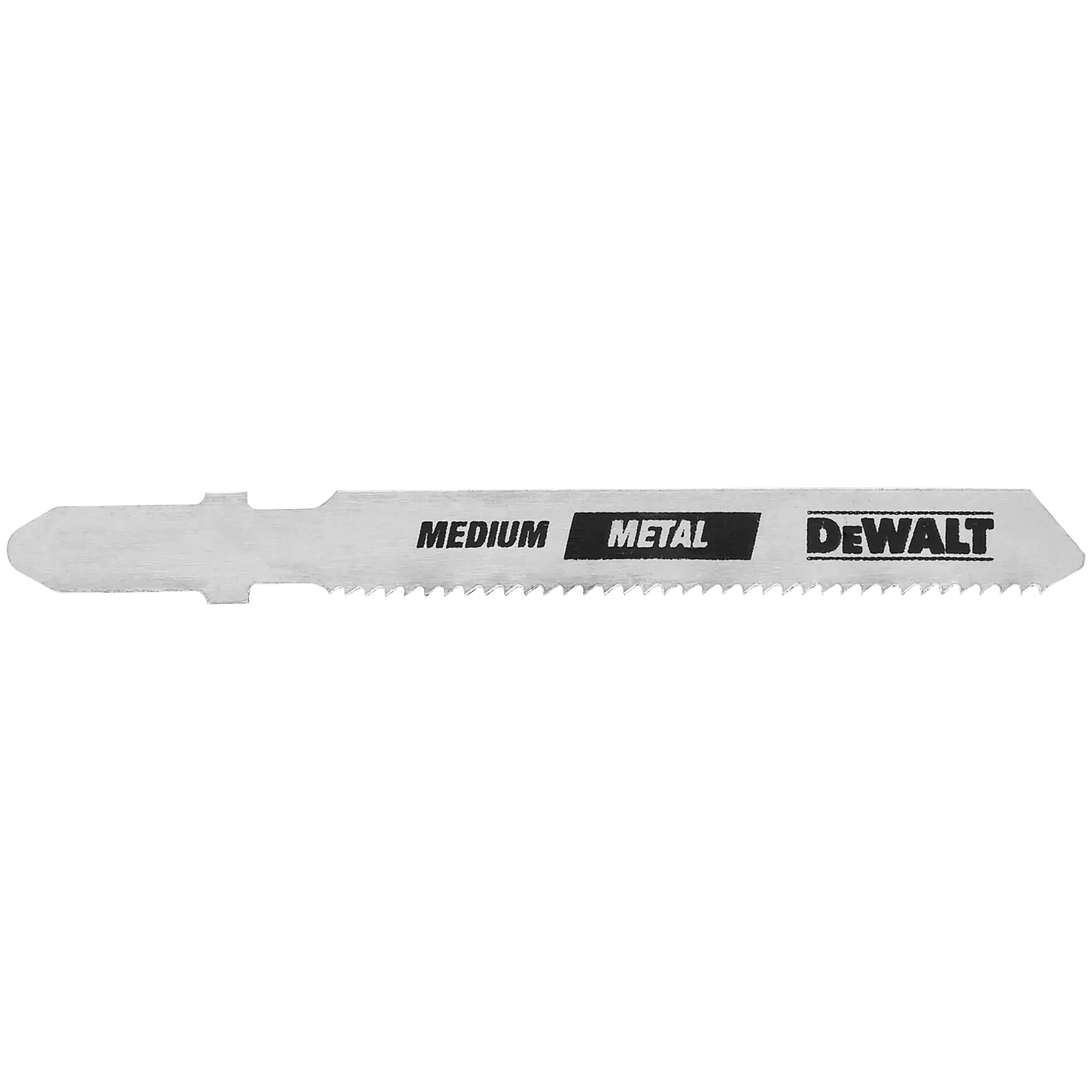 Una hoja de sierra de calar para metal de la marca DEWALT, etiquetada como 'Medium Metal'. La hoja es plateada con dientes de sierra en un borde.