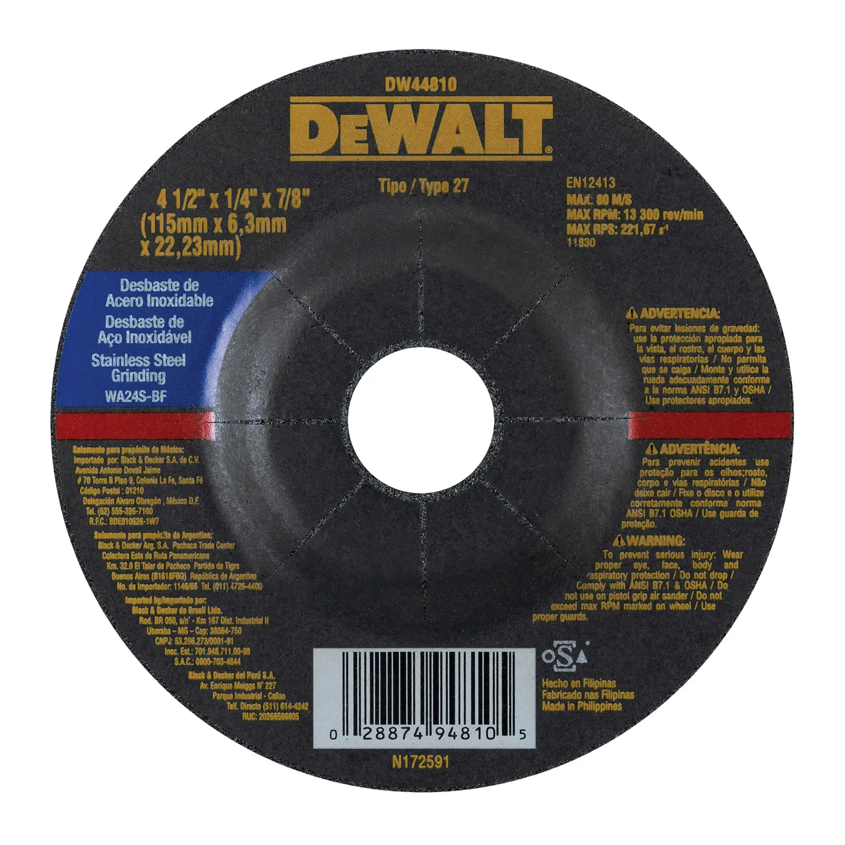 Disco de desbaste de acero inoxidable DEWALT, modelo DW44810, Tipo 27, de 115 mm x 6,3 mm x 22,23 mm (4 1/2" x 1/4" x 7/8"). La etiqueta incluye advertencias de seguridad e instrucciones de uso en inglés, español y portugués. Fabricado en Filipinas.