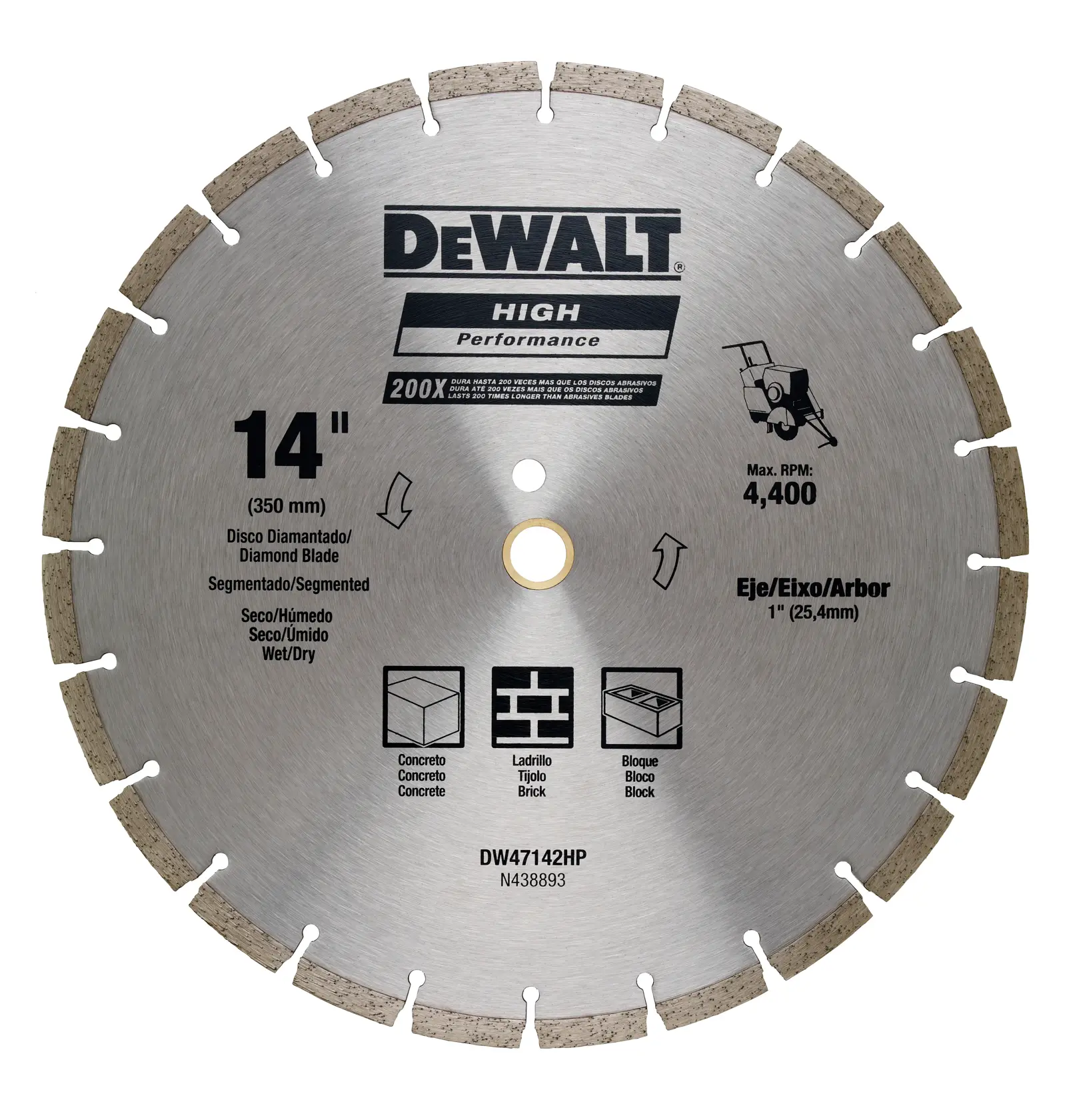Una hoja de diamante segmentada DEWALT de 14 pulgadas con marca 'High Performance', diseñada para cortar concreto, ladrillo y bloque, apta para condiciones húmedas o secas. La hoja incluye un orificio central de montaje y especificaciones claramente marcadas como RPM máximo de 4.400 y tamaño de eje de 1 pulgada.