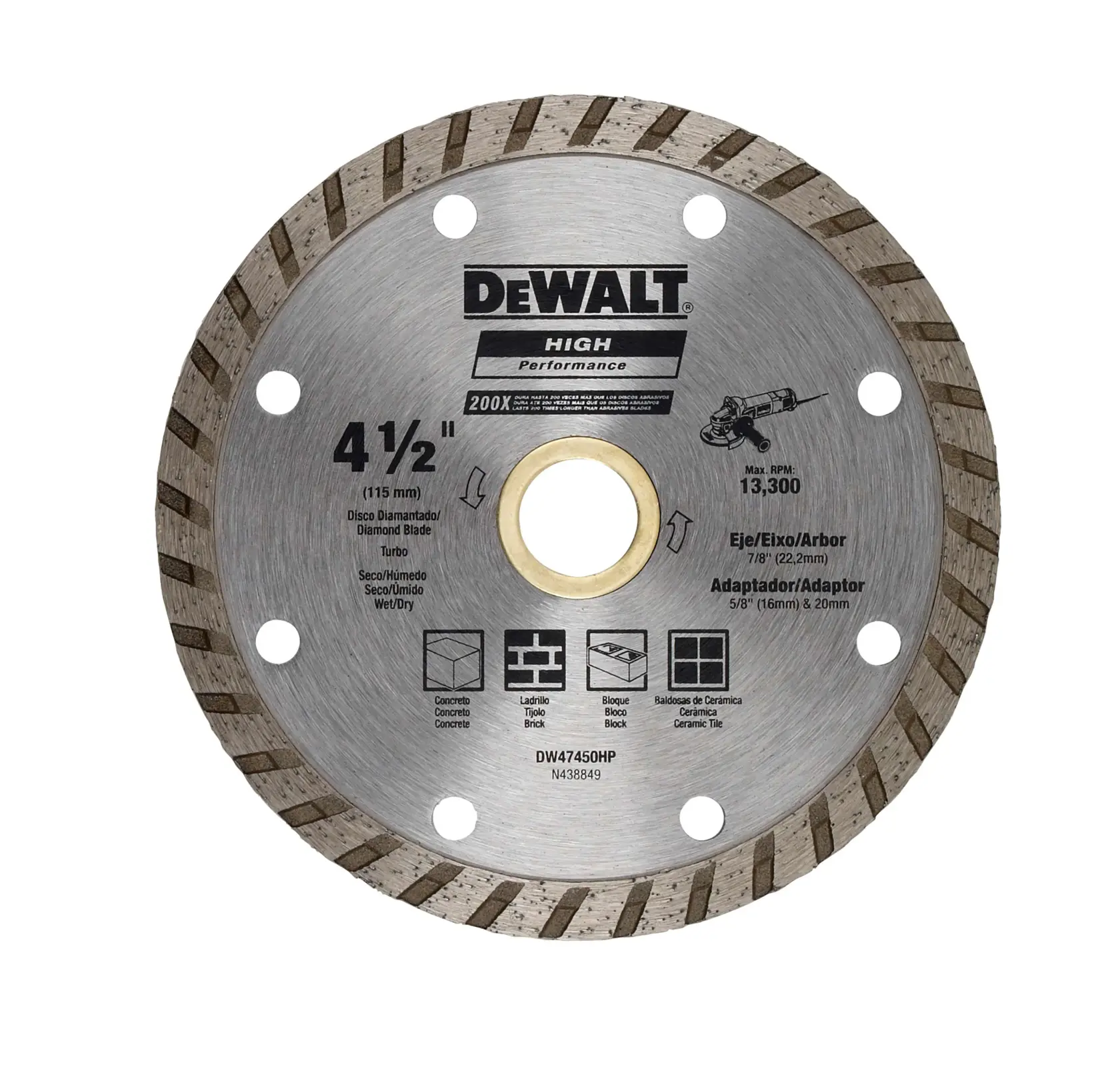 Una hoja turbo diamantada DEWALT de 4,5 pulgadas para cortar concreto, ladrillo, bloques y azulejos cerámicos. La hoja tiene un diseño de borde segmentado con especificaciones técnicas e iconos de uso impresos en el frente.