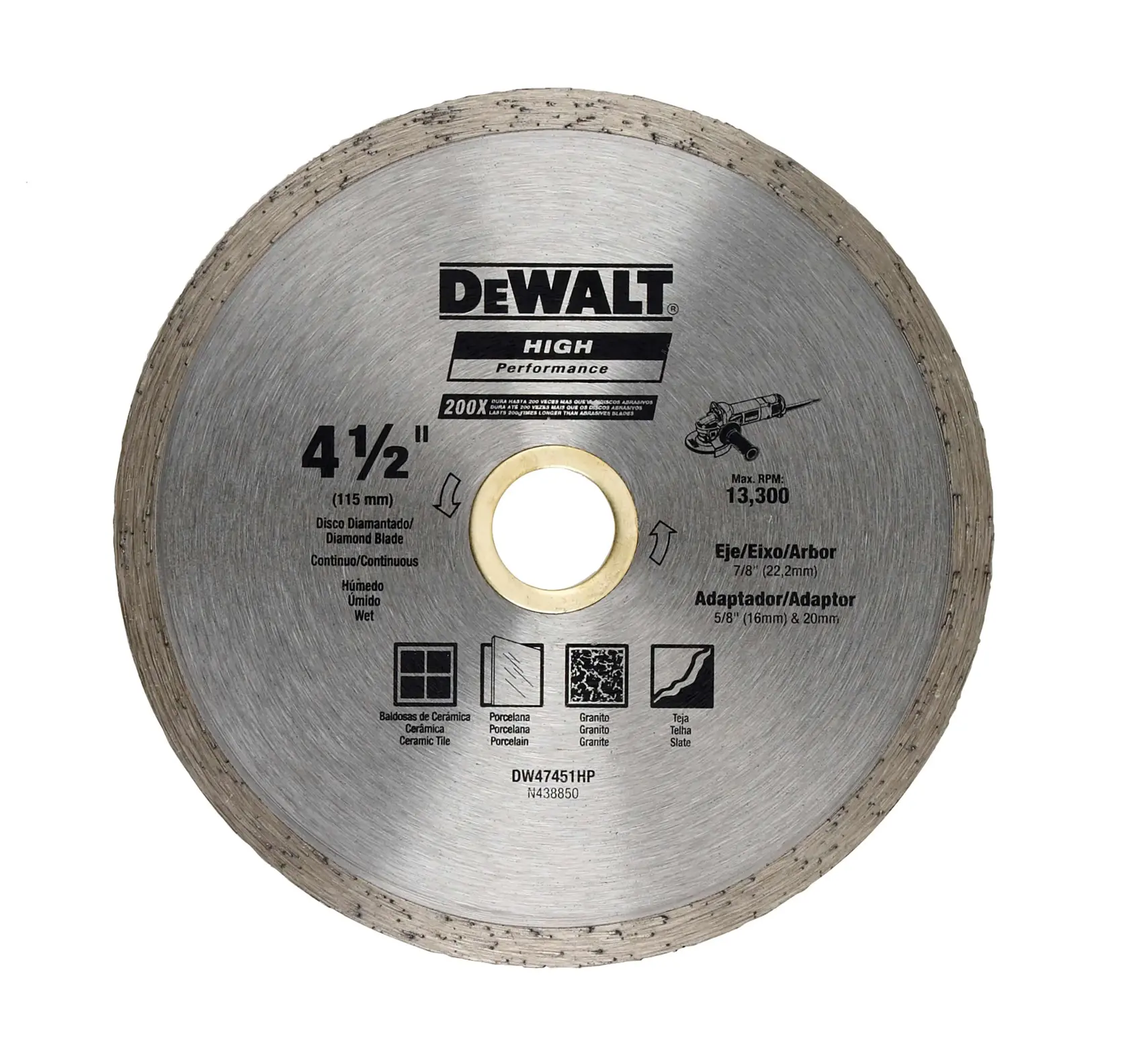 Una hoja de diamante de alto rendimiento DEWALT de 115 mm (4,5 pulgadas) para cortar baldosas, porcelana, granito y pizarra. La hoja es circular con un borde continuo, etiquetada DW47451HP, y muestra especificaciones como un RPM máximo de 13,300 y tamaño de eje de 22,2 mm (7/8 pulgada) con adaptador de 16 mm (5/8 pulgada).