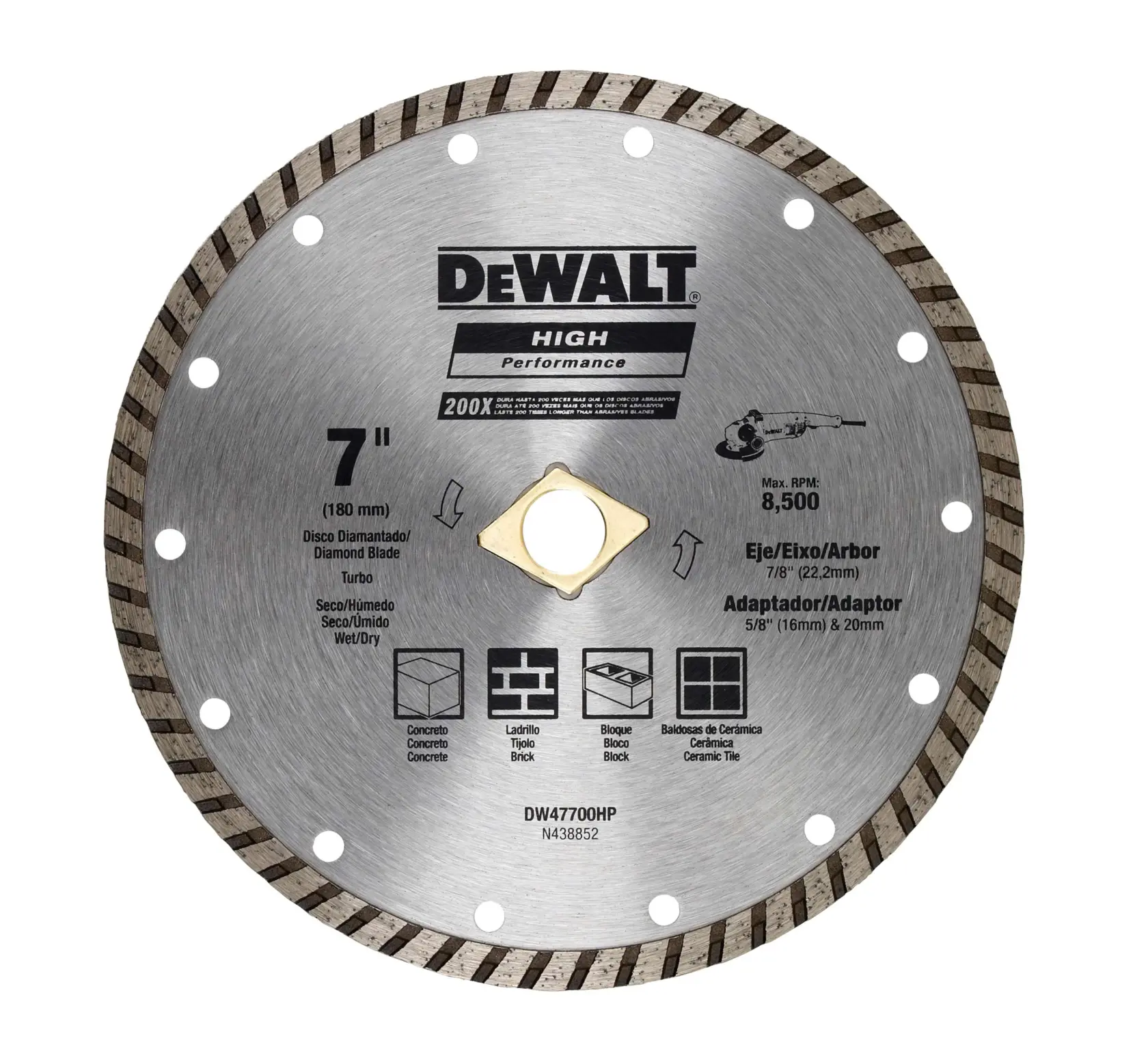 Hoja de diamante de alto rendimiento DEWALT de 7 pulgadas (180 mm) para cortar concreto, ladrillo, bloque y baldosas de cerámica. La hoja es plateada con un borde segmentado e incluye especificaciones como 8,500 RPM máximo, uso en seco/húmedo y número de modelo DW47700HP.