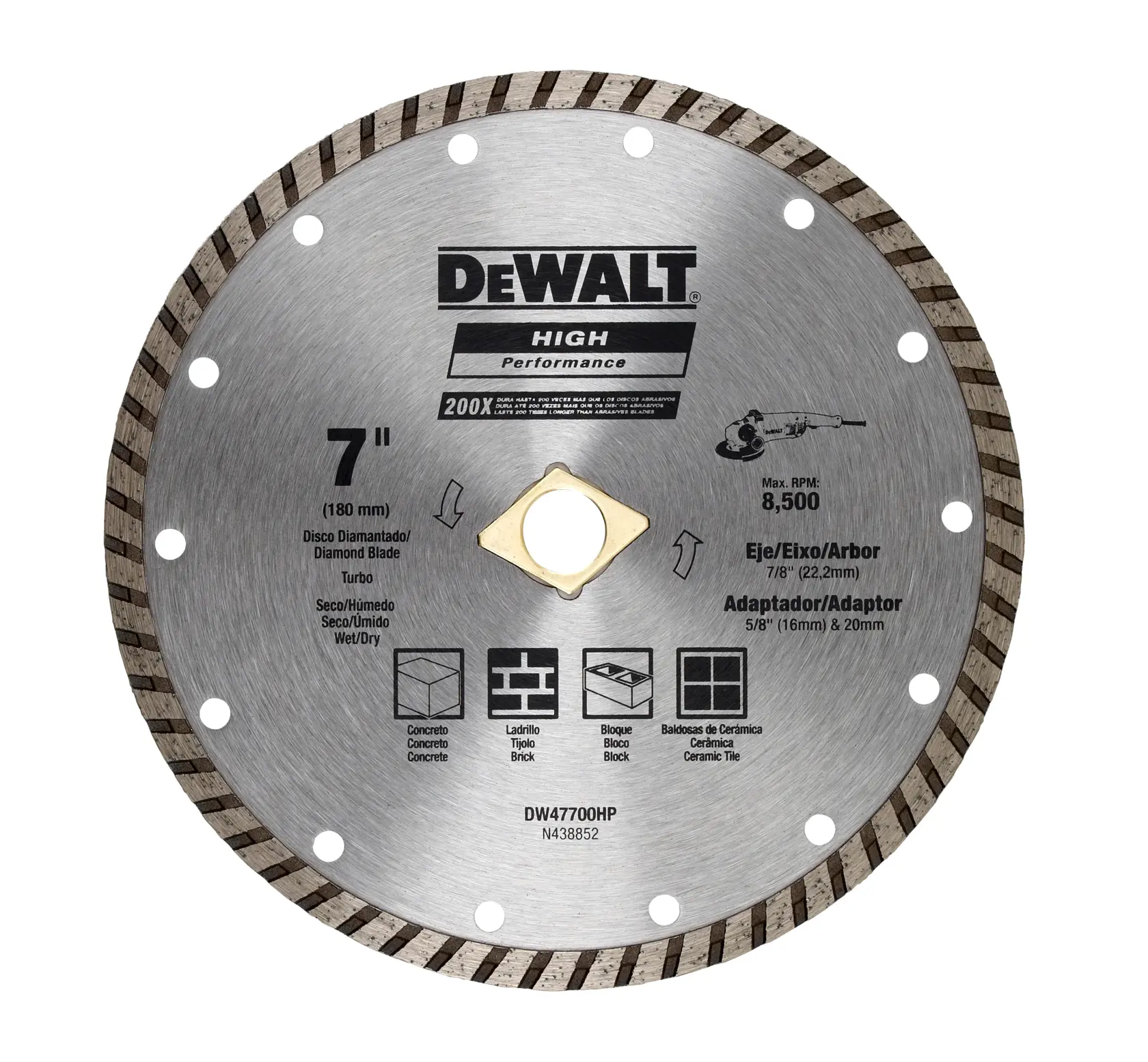 Hoja diamantada DEWALT High Performance de 7 pulgadas para cortar concreto, ladrillo, bloque y baldosas cerámicas. La hoja presenta un diseño turbo, múltiples orificios alrededor del borde y especificaciones detalladas impresas en el frente, incluyendo tamaños de eje y RPM máximas.