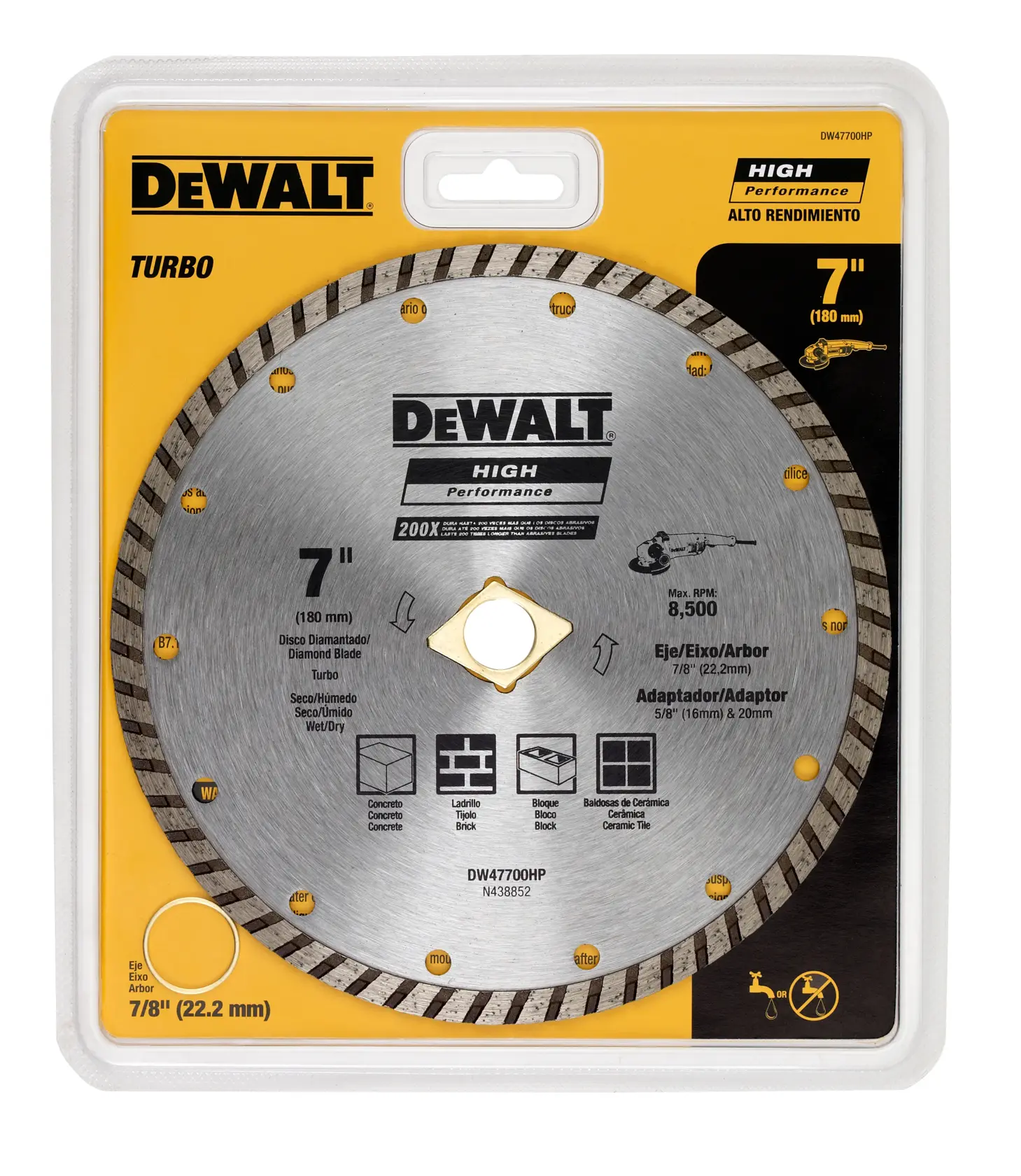 Disco diamantado turbo DEWALT para trabajos de albañilería y construcción. El disco tiene un diámetro de 7 pulgadas (180 mm), empaquetado en plástico transparente y cartón amarillo con la etiqueta 'High Performance'. Es adecuado para cortar concreto, ladrillo, bloque y baldosas cerámicas. El disco se adapta a un eje de 7/8 pulgadas (22,2 mm) y soporta una velocidad máxima de 8,500 RPM.