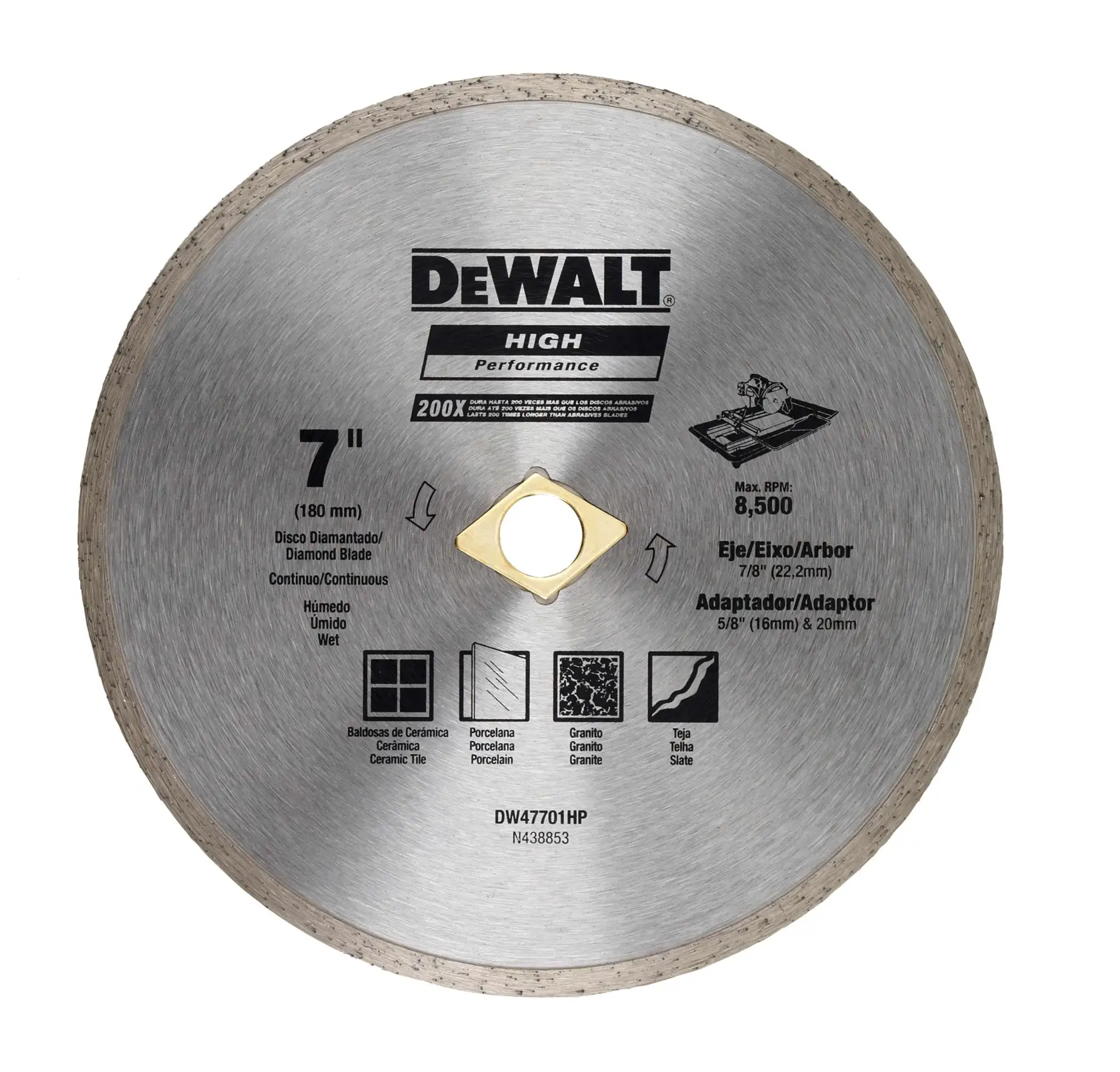 Hoja de diamante DEWALT de alto rendimiento de 7 pulgadas para cortar baldosas de cerámica, porcelana, granito y pizarra. La hoja es plateada, de borde continuo, y muestra varias especificaciones, incluyendo un máximo de 8.500 RPM y compatibilidad con eje de 7/8 pulgadas y adaptadores de 5/8 pulgadas y 20 mm. El código del producto es DW47701HP.