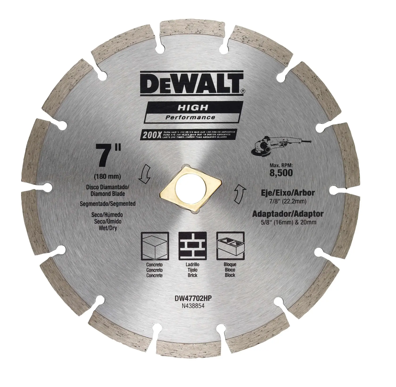 Una hoja de diamante segmentada de alto rendimiento DEWALT para cortar concreto, ladrillo y bloque. La hoja tiene un diámetro de 7 pulgadas (180 mm), soporta corte seco o húmedo y es compatible con eje de 7/8 pulgadas (22,2 mm) y adaptadores de 5/8 pulgadas (16 mm) y 20 mm. RPM máxima: 8,500. Número de modelo DW47702HP.