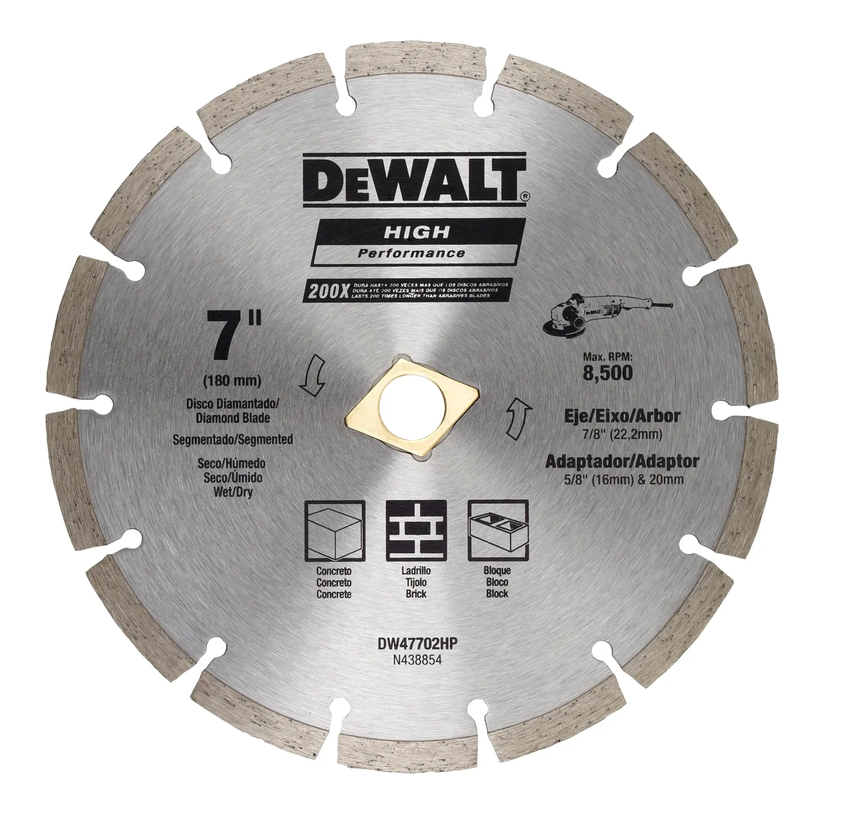Una hoja segmentada de diamante DEWALT, modelo DW47702HP, mostrada en primer plano. La hoja tiene un diámetro de 7 pulgadas (180 mm) para corte seco o húmedo, adecuada para concreto, ladrillo y bloques. Las especificaciones e iconos de uso están impresos en la superficie.