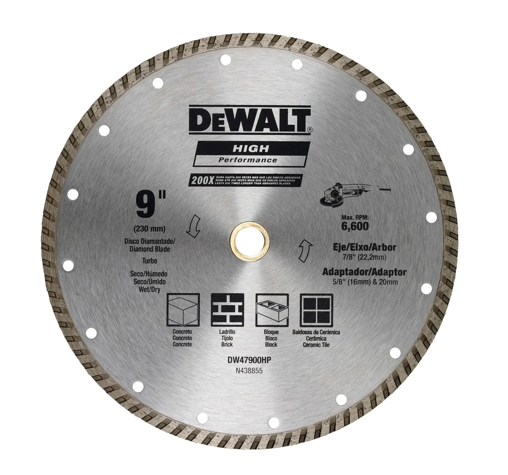 Una hoja diamantada DEWALT de alto rendimiento de 9 pulgadas (230 mm) con borde turbo, adecuada para cortar en húmedo y seco. Indicada para concreto, ladrillo, bloque y baldosas de cerámica. La hoja tiene una velocidad máxima de 6,600 RPM y contiene información sobre adaptadores para 22,2 mm, 16 mm y 20 mm. SKU del producto DW47900HP.
