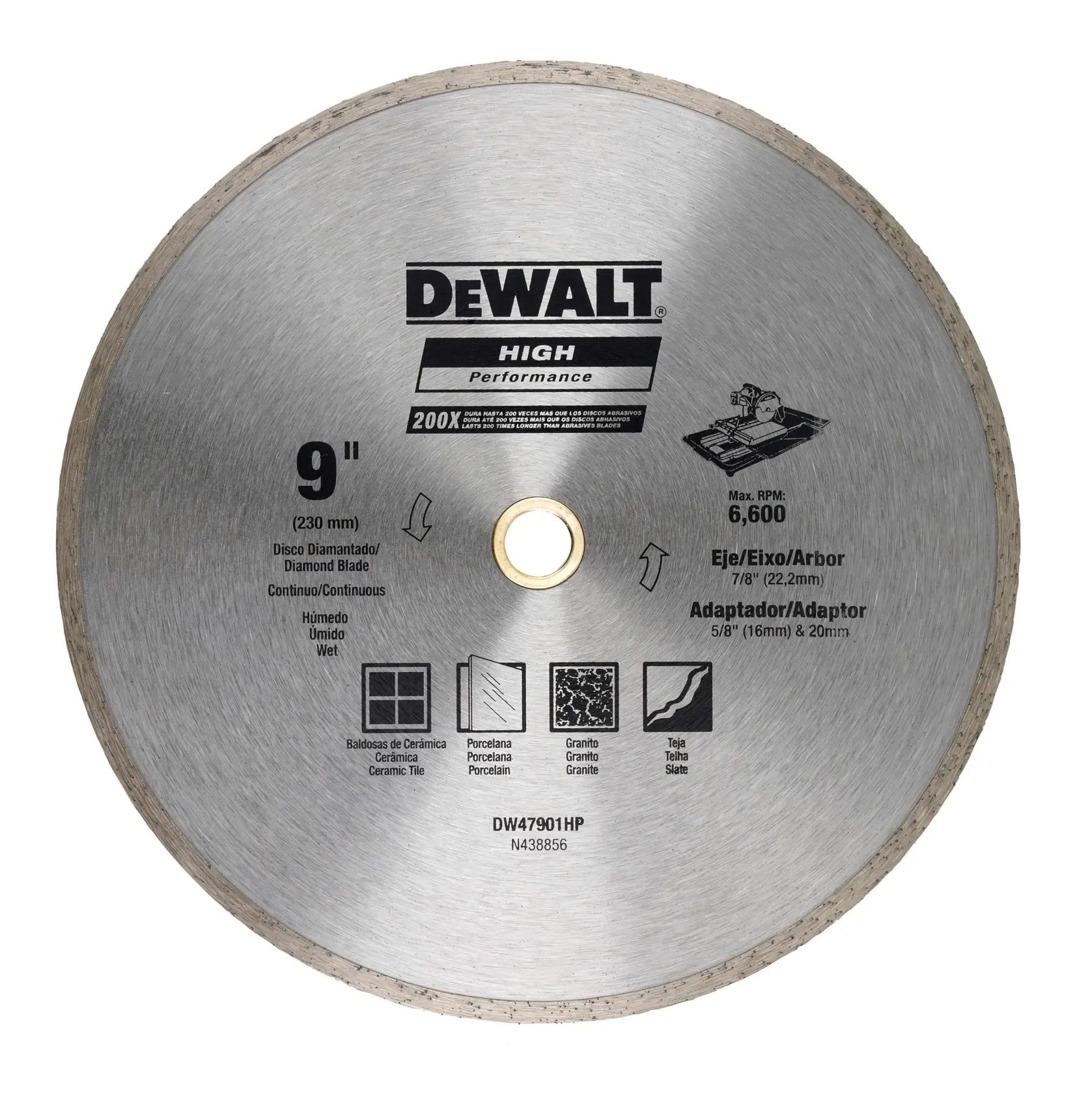 Una hoja de diamante metálica redonda DEWALT para cortar, etiquetada High Performance. La hoja tiene un diámetro de 9 pulgadas (230 mm) y es adecuada para corte en húmedo. Está diseñada para materiales como baldosas cerámicas, porcelana, granito y pizarra. Marcada con el modelo DW47901HP y una velocidad máxima de 6,600 RPM.