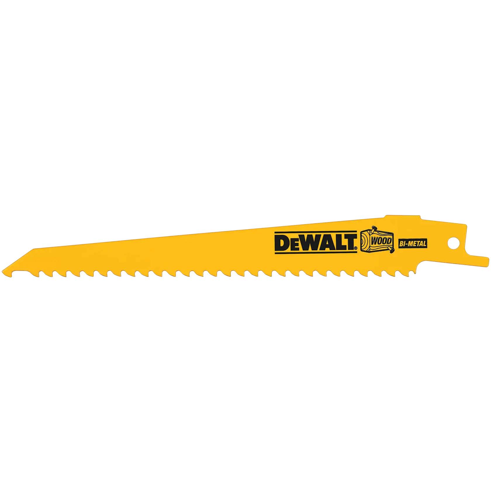 Hoja de sierra reciprocante bimetálica amarilla DEWALT diseñada para cortar madera, con dientes grandes y logotipo de la marca.