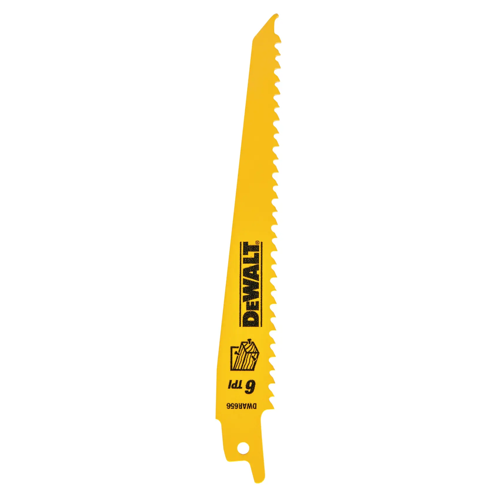 Una hoja de sierra recíproca amarilla DEWALT con el logotipo y especificaciones impresas, incluyendo 6 TPI y el número de modelo DW4802-2.