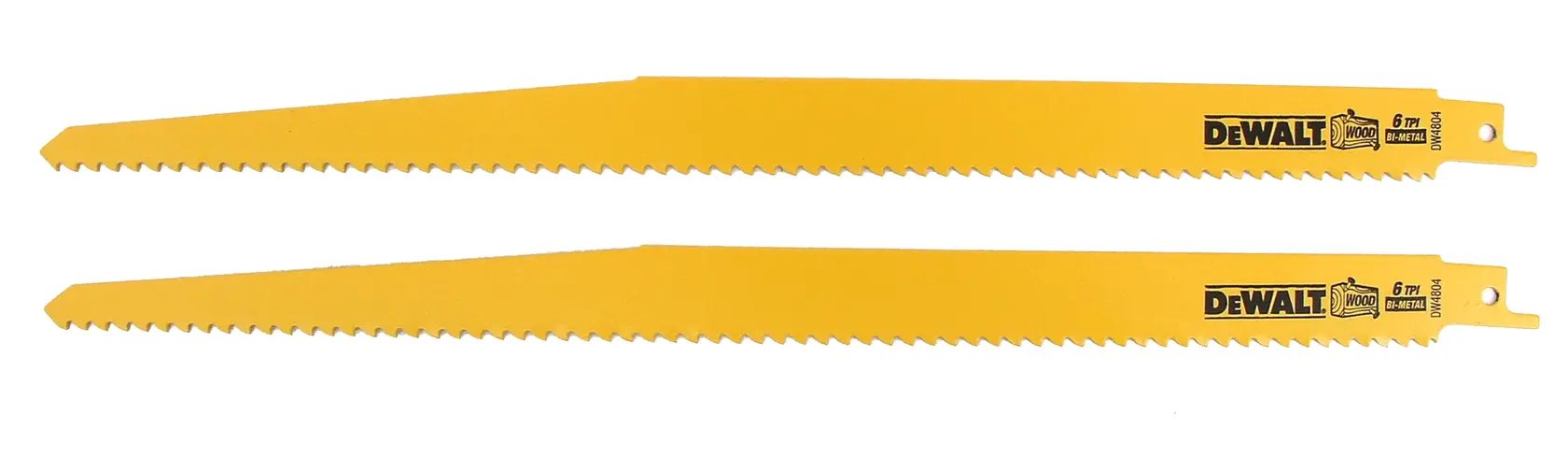Dos hojas de sierra recíproca DEWALT amarillas con bordes dentados, colocadas una al lado de la otra sobre un fondo blanco.