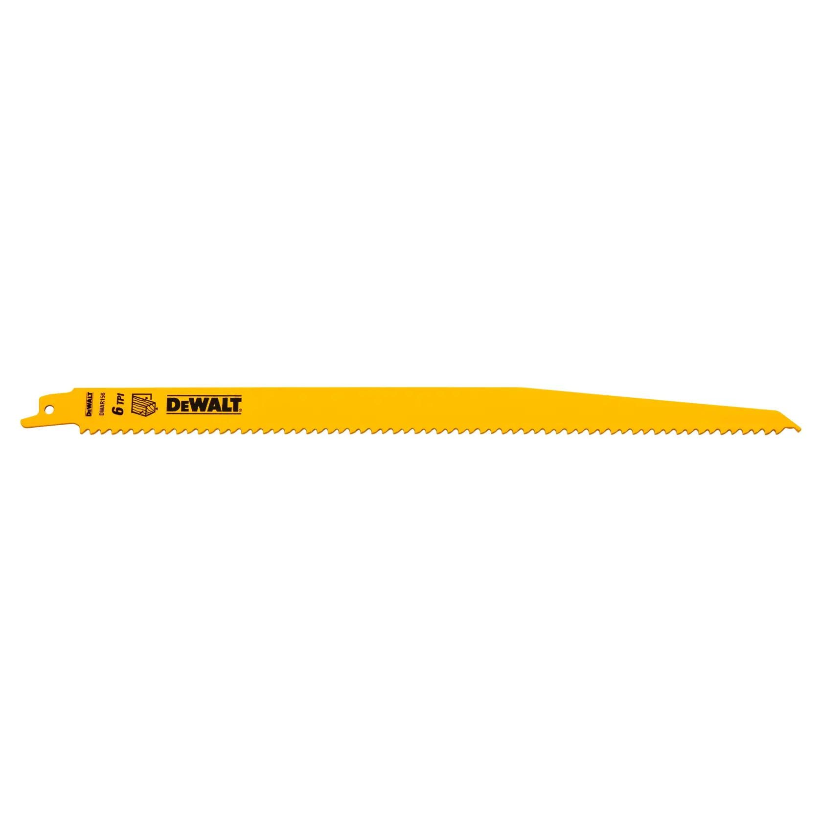 Una hoja amarilla de sierra recíproca DEWALT con dientes serrados, diseñada para cortar madera.