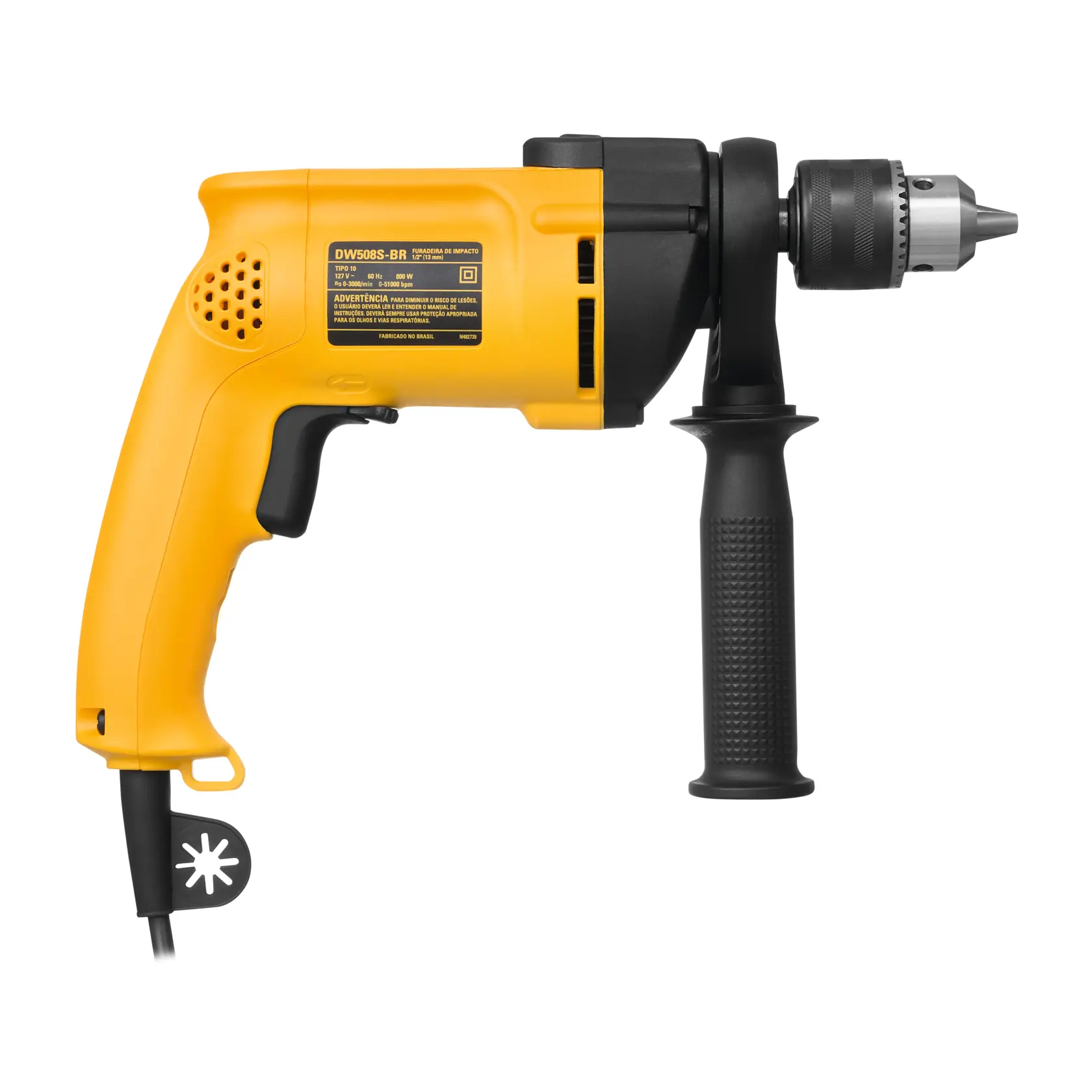 Un taladro eléctrico DEWALT DW508S amarillo y negro con mango lateral, mostrado sobre un fondo blanco.