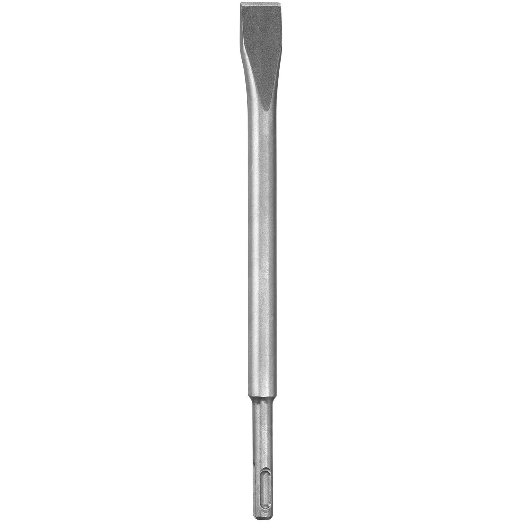 Un cincel recto de color plateado con punta plana para usar con martillos rotativos. El cincel tiene vástago SDS plus y una punta ancha y plana para tareas de demolición.
