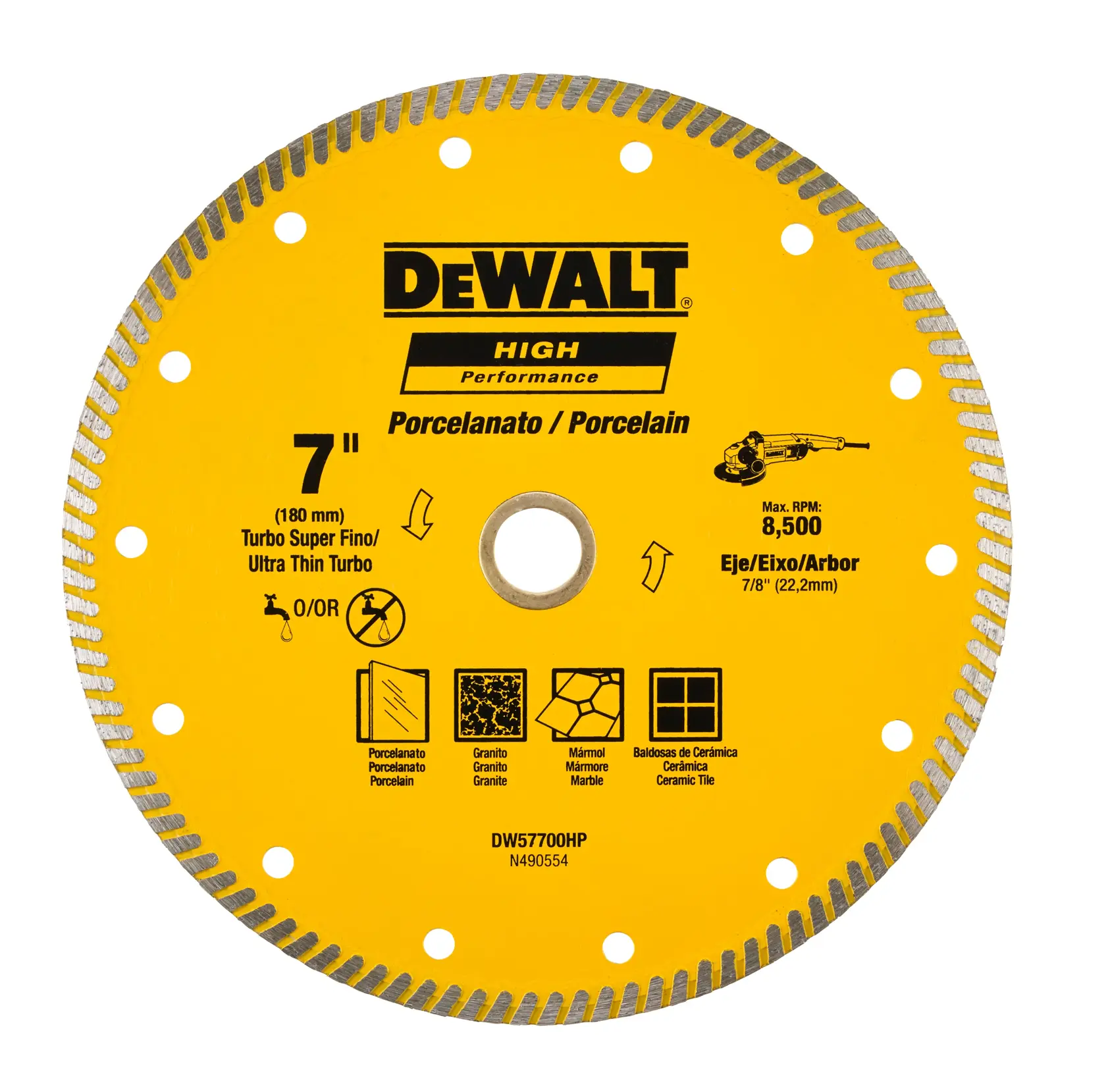 Un disco circular amarillo DEWALT High Performance de diamante para cortar porcelanato, granito, mármol y baldosas cerámicas. El disco tiene un diámetro de 7 pulgadas (180 mm), es ultra fino turbo, con un eje de 7/8 pulgadas (22,2 mm) y un máximo de 8.500 RPM. El número de modelo es DW57700HP.
