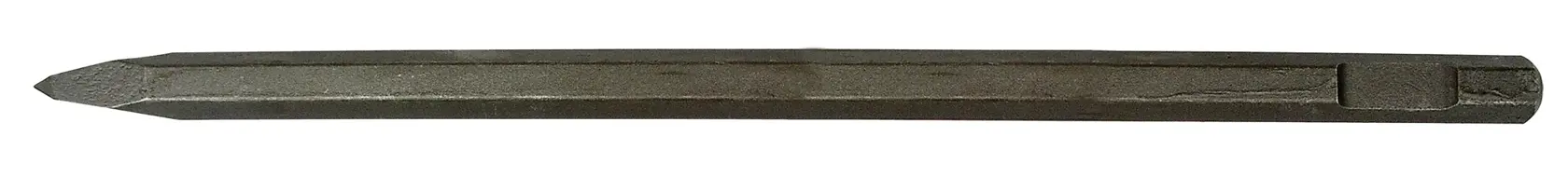 Cincel de metal con punta fina para demolición o perforación, mostrado en fondo blanco.