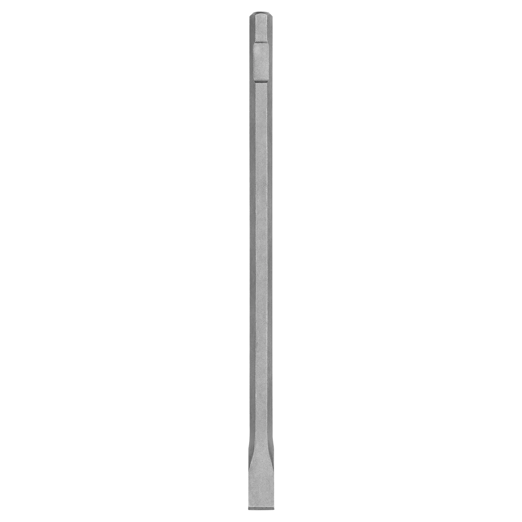 Una punta de cincel recta de metal diseñada para utilizarse con herramientas eléctricas, mostrada verticalmente sobre un fondo blanco.