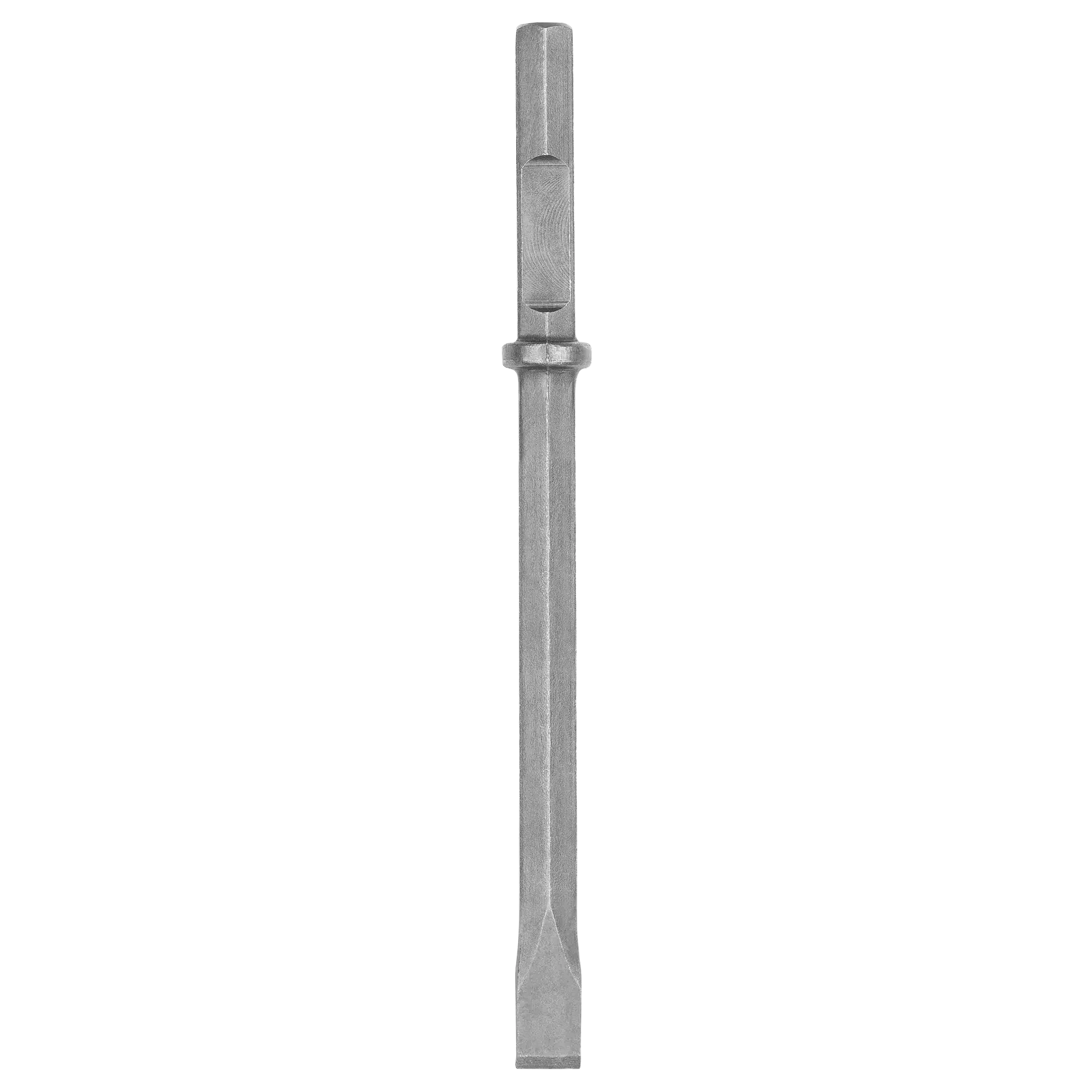 Una broca de cincel plano de metal utilizada para aplicaciones de demolición o cincelado con herramientas eléctricas. El cincel tiene un eje hexagonal y una punta de hoja plana.