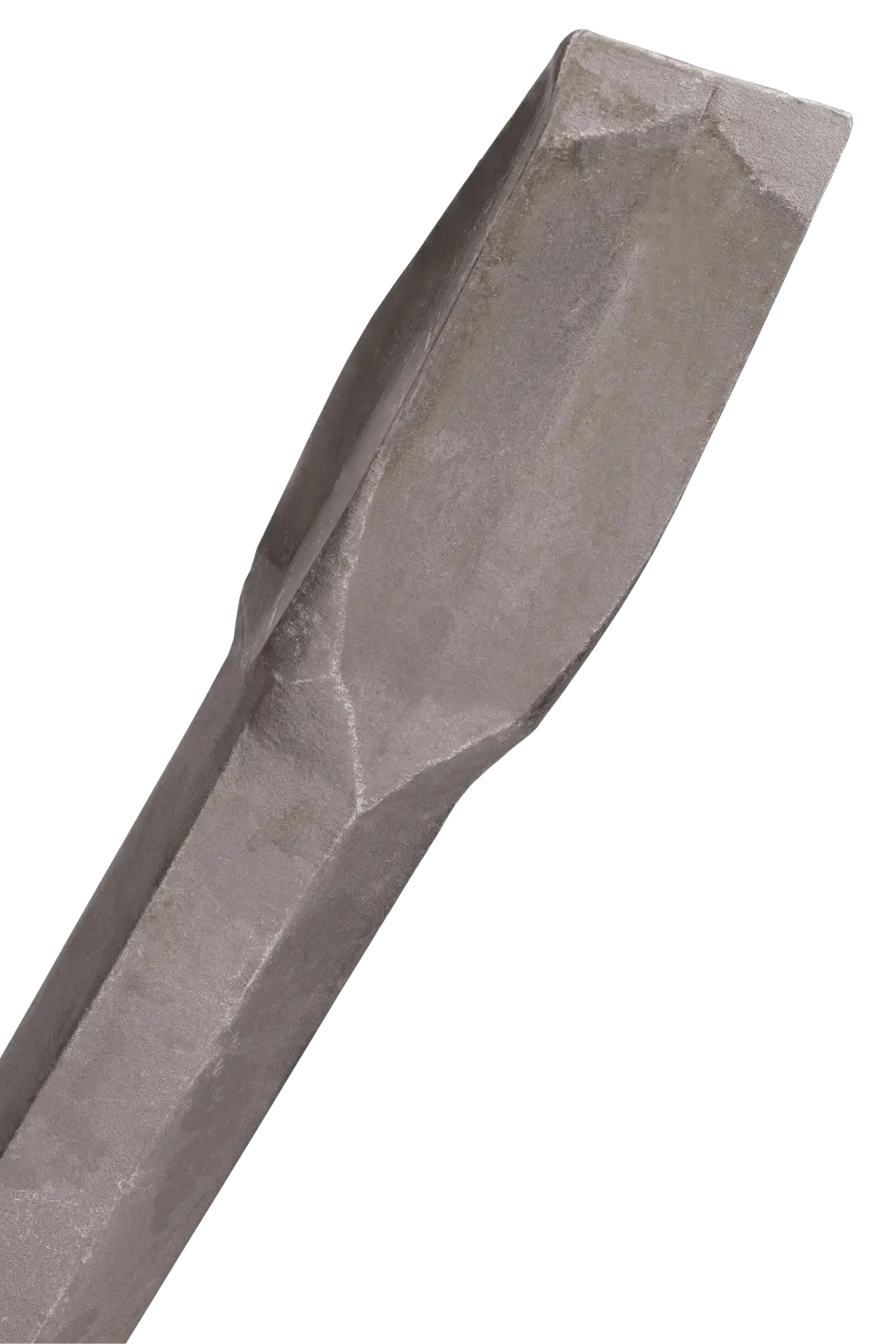 Primer plano de una herramienta de cincel plano resistente con punta ancha y angular, utilizada para demolición o ruptura de concreto.