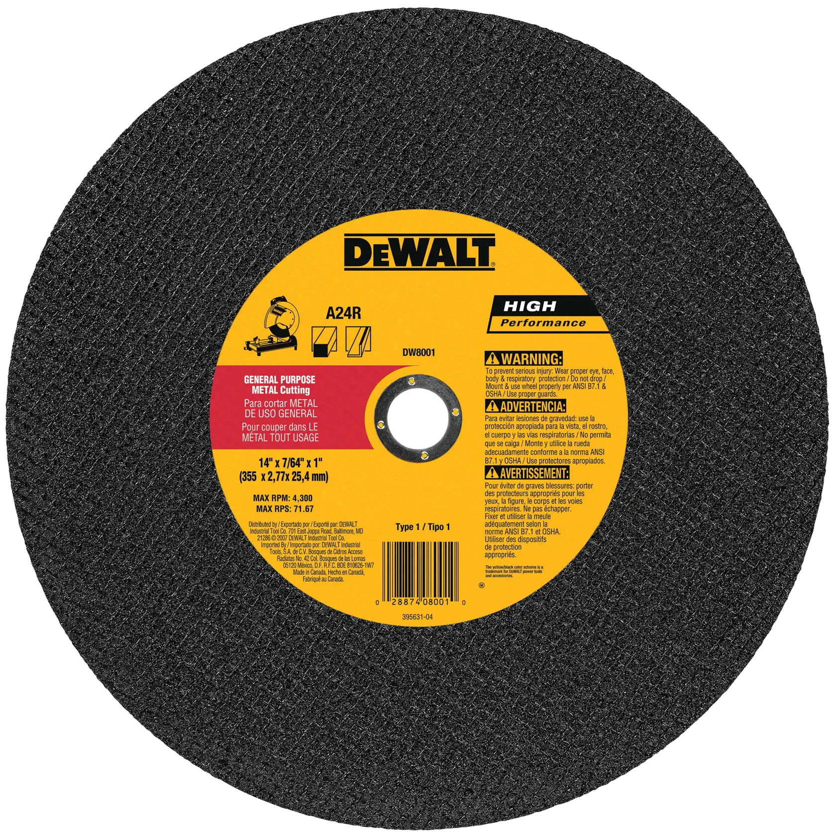 Disco abrasivo de alto rendimiento DEWALT DW8001 para corte de metal de uso general, diámetro de 14 pulgadas con especificaciones y advertencias de seguridad en el centro.