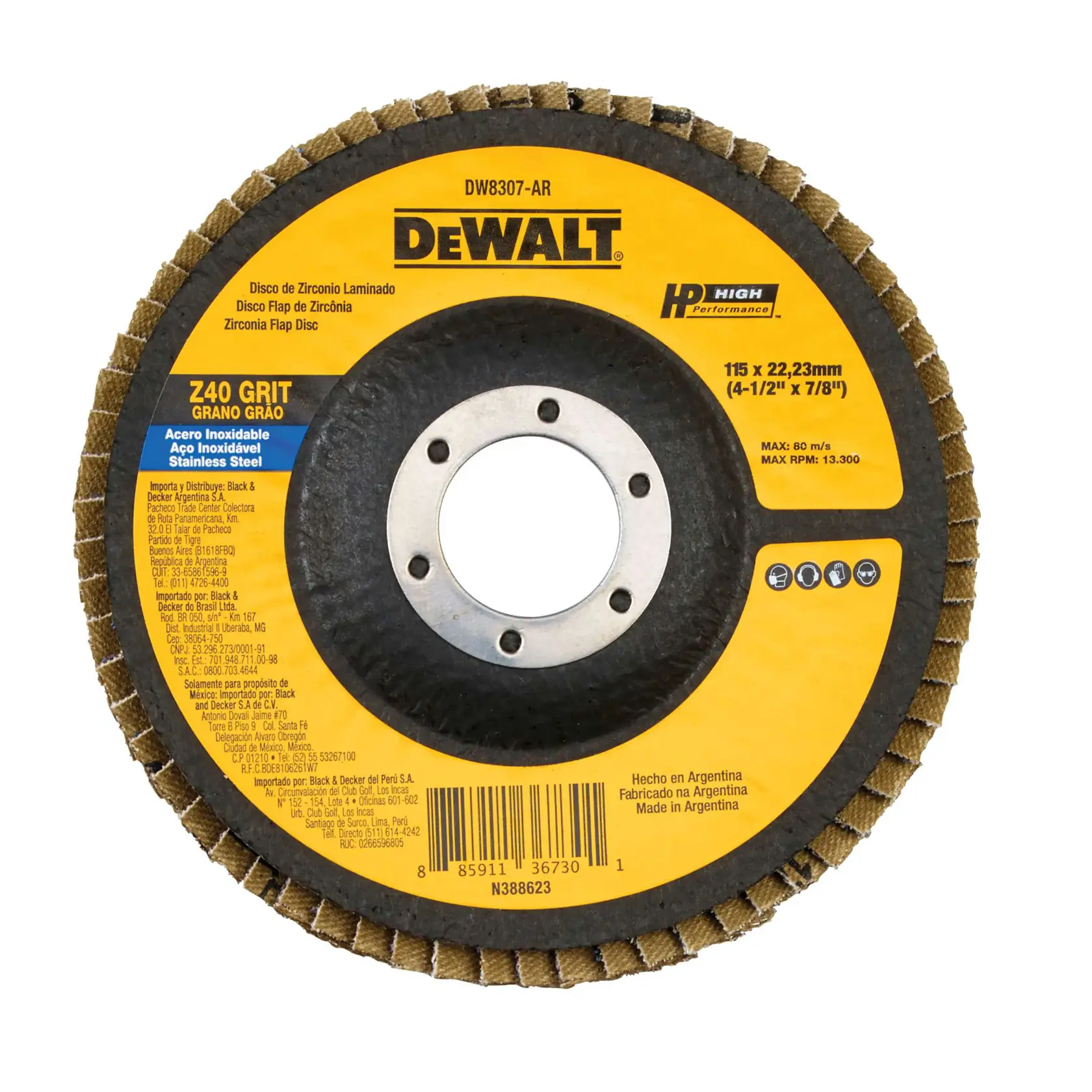 Disco flap de zirconio DEWALT, modelo DW8307-AR, con etiqueta amarilla y orificio de montaje central. El disco es de 115 mm de diámetro, 22,23 mm de tamaño del orificio, y 40 de grano, apto para acero inoxidable. Fabricado en Argentina, destinado para trabajos de desbaste y acabado de alto rendimiento.