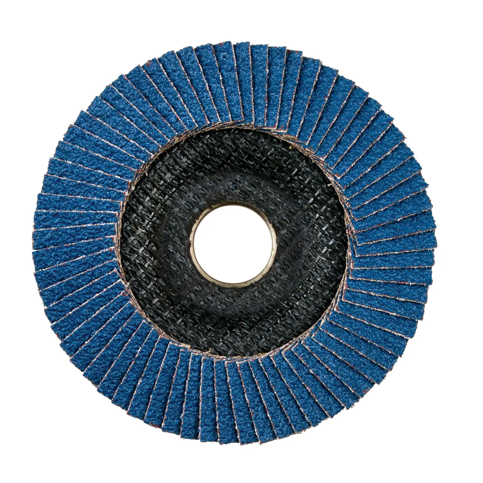 Imagen en primer plano de un disco abrasivo de láminas azul DEWALT para esmerilar y lijar, con láminas abrasivas superpuestas y un orificio de montaje central.