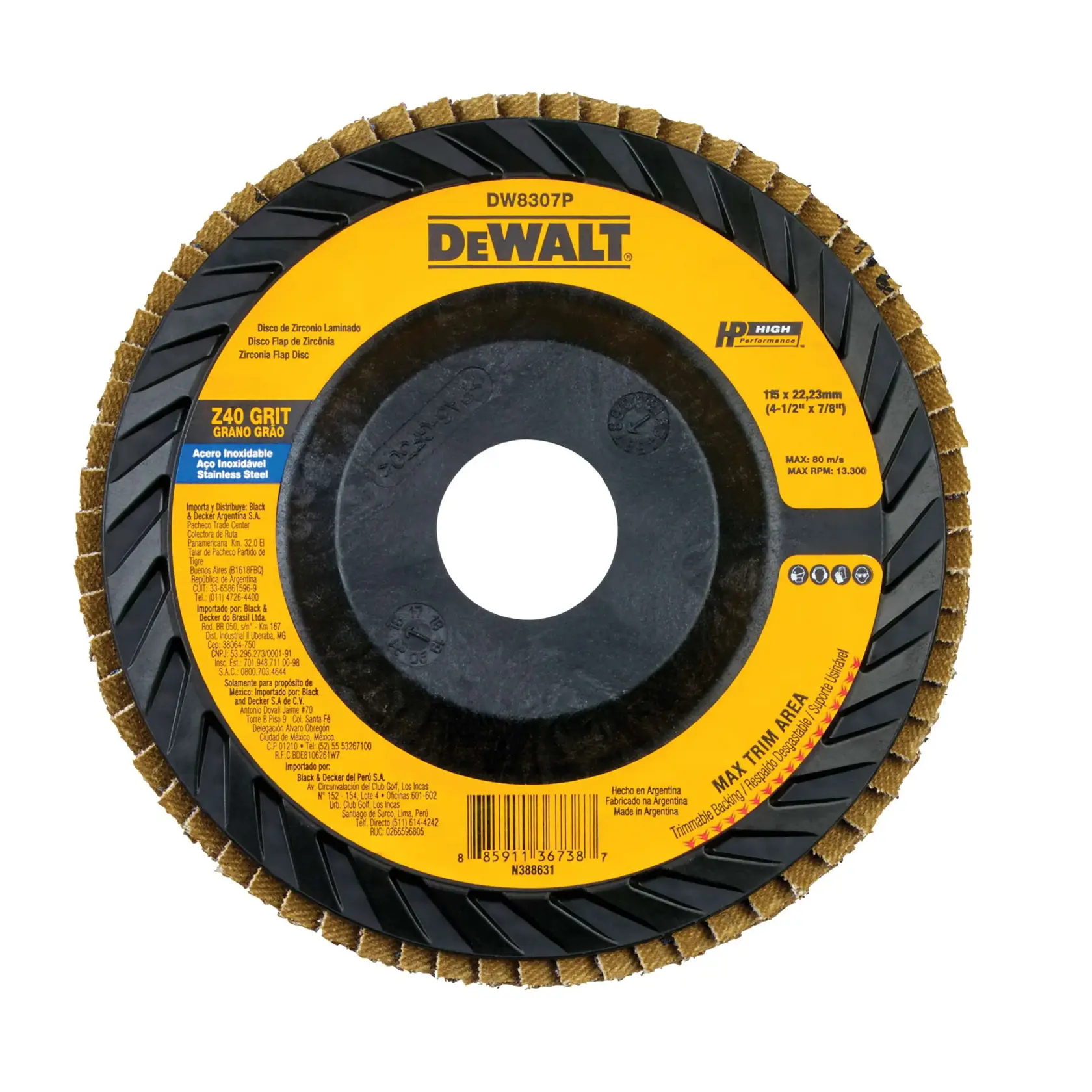 Disco de láminas de circonio DEWALT DW8307P con grano 40, diseñado para moler acero inoxidable, con etiqueta de color negro y amarillo que incluye especificaciones como tamaño 115 x 22,23 mm (4-1/2'' x 7/8'') y RPM máximo de 13.300.