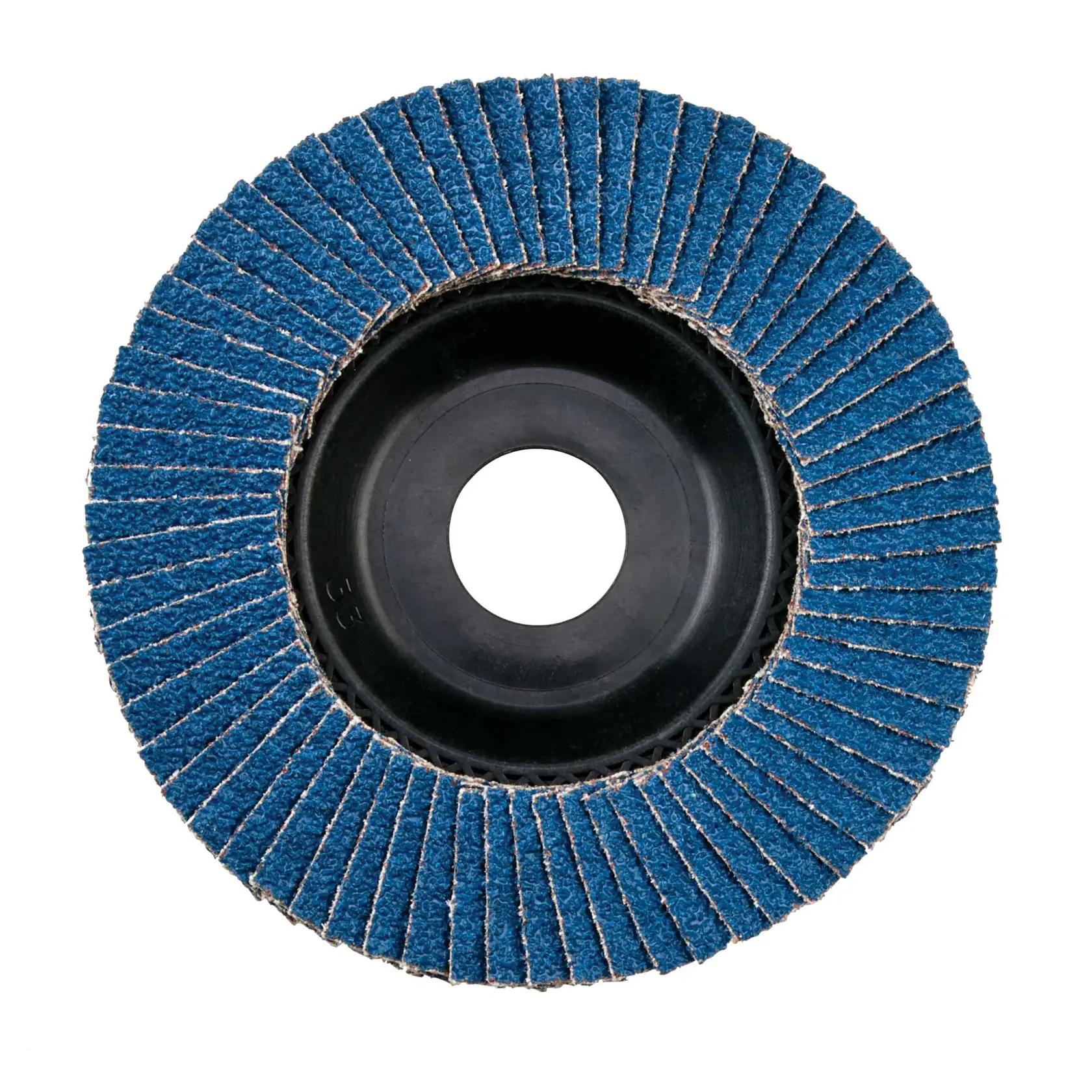 Imagen en primer plano de un disco de láminas abrasivas DEWALT con láminas azules revestidas de cerámica y un orificio central, utilizado para pulir y acabar superficies metálicas.