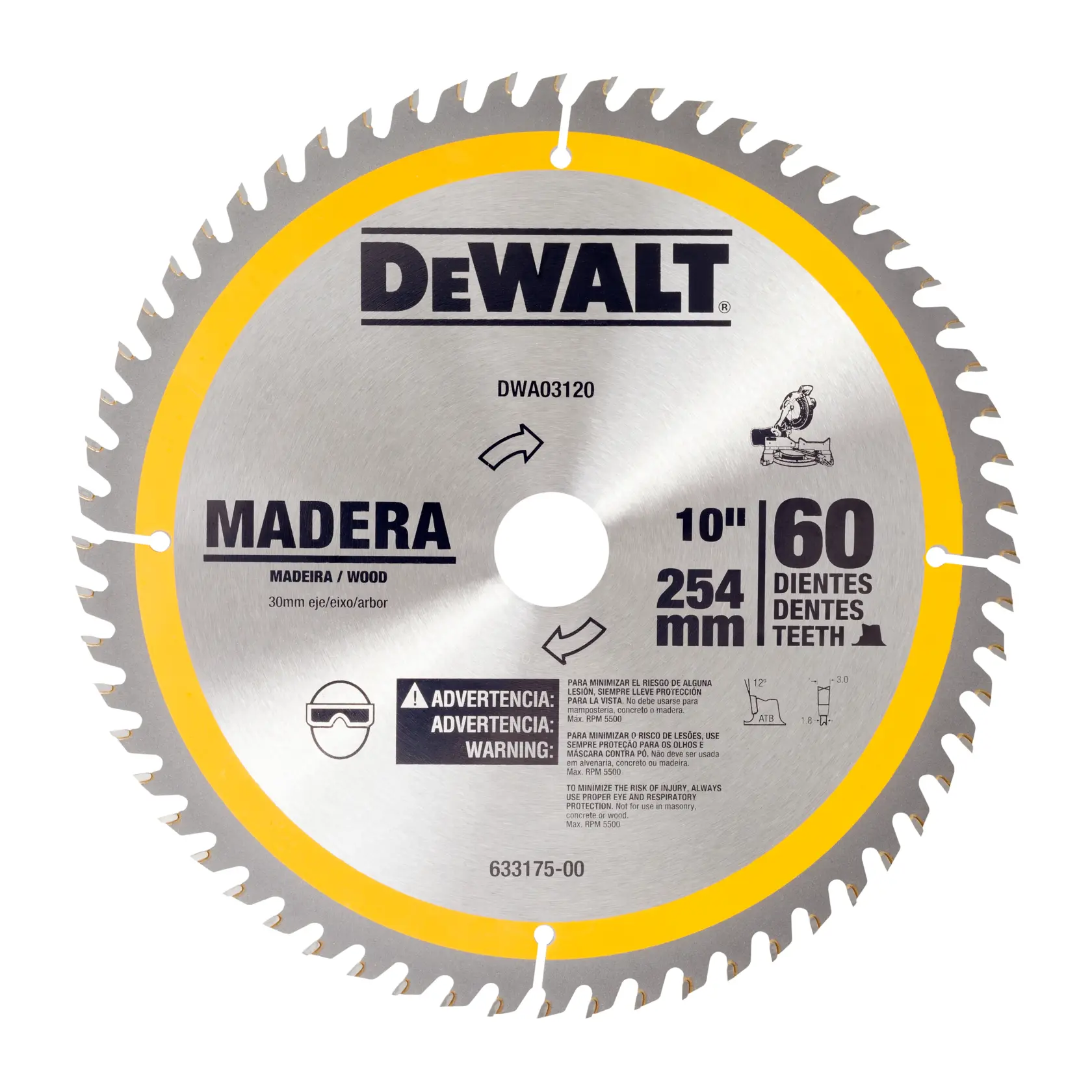 Hoja de sierra circular DEWALT, modelo DWA03120, diseñada para cortar madera. La hoja es plateada con borde amarillo, tiene 60 dientes, un diámetro de 10 pulgadas (254 mm) y un orificio de eje de 30 mm. Incluye etiquetas de advertencia y seguridad, con la recomendación de usar protección ocular.